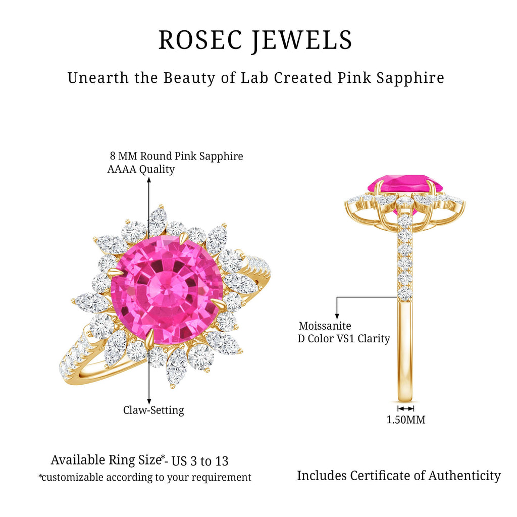 Created Pink Sapphire Cocktail Ring with Moissanite Floral Halo