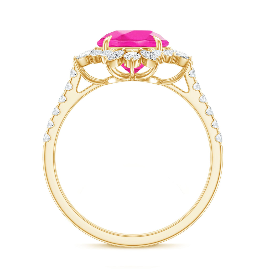 Created Pink Sapphire Cocktail Ring with Moissanite Floral Halo