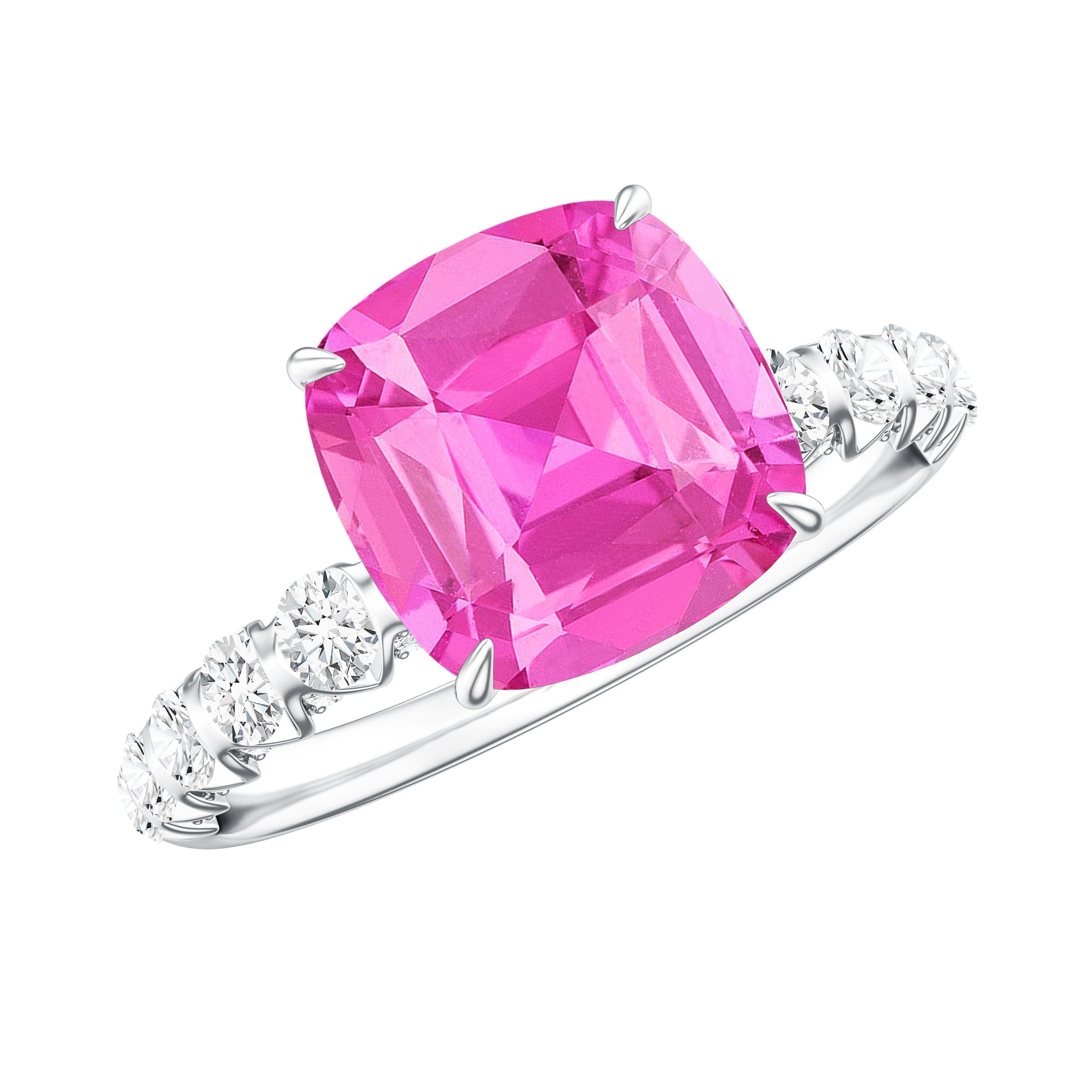 2.75 carat cushion cut lab created pink sapphire engagement ring with diamond accents on a white gold band