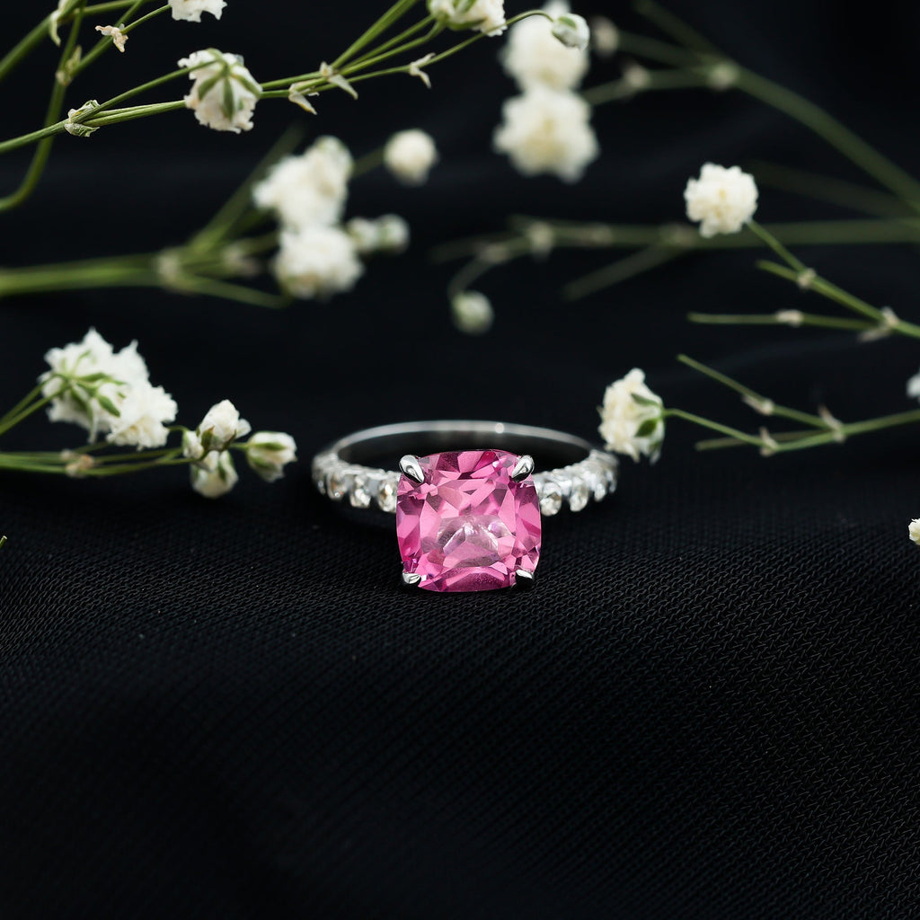 2.75 Carat Cushion Cut Lab Created Pink Sapphire Engagement Ring with Diamond