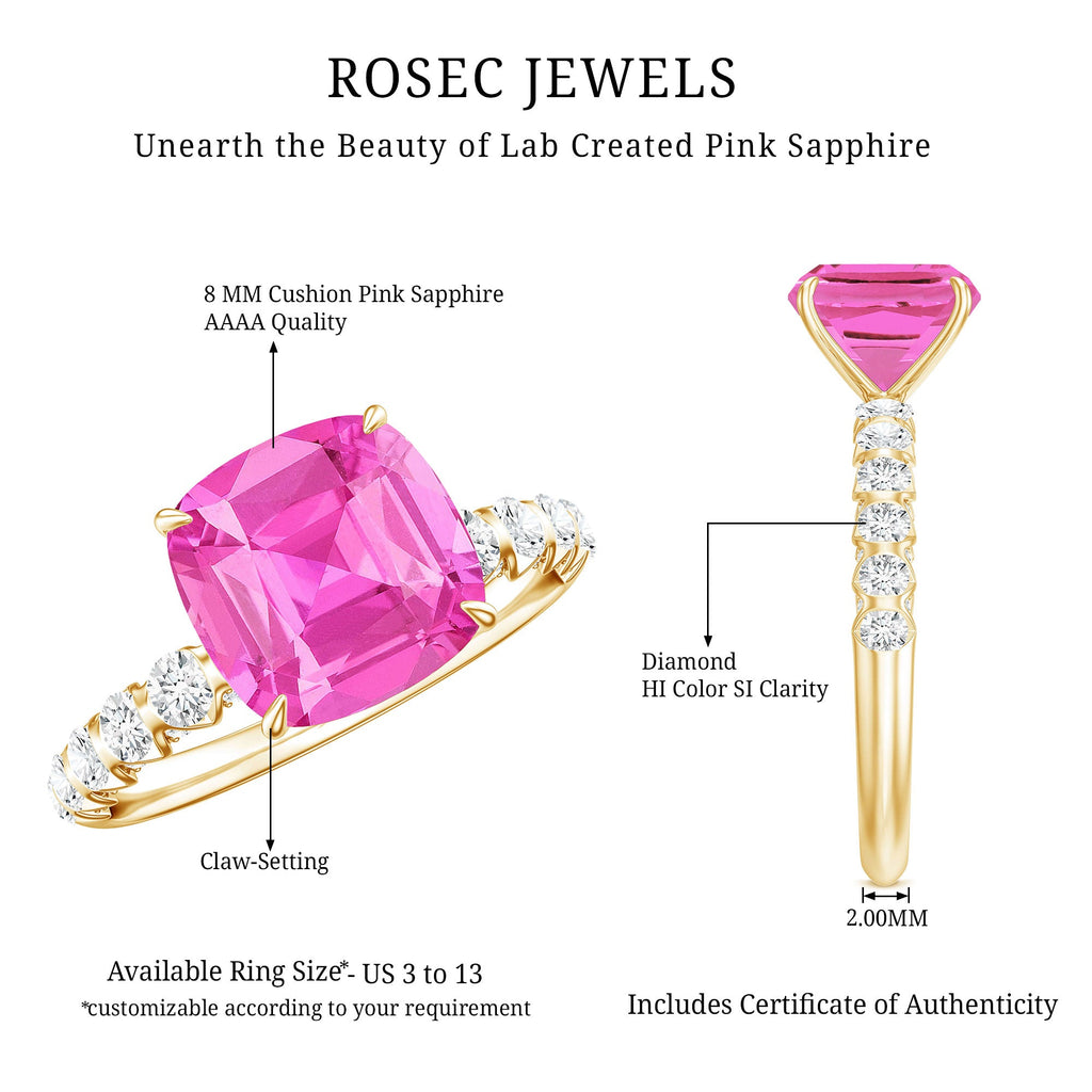2.75 Carat Cushion Cut Lab Created Pink Sapphire Engagement Ring with Diamond