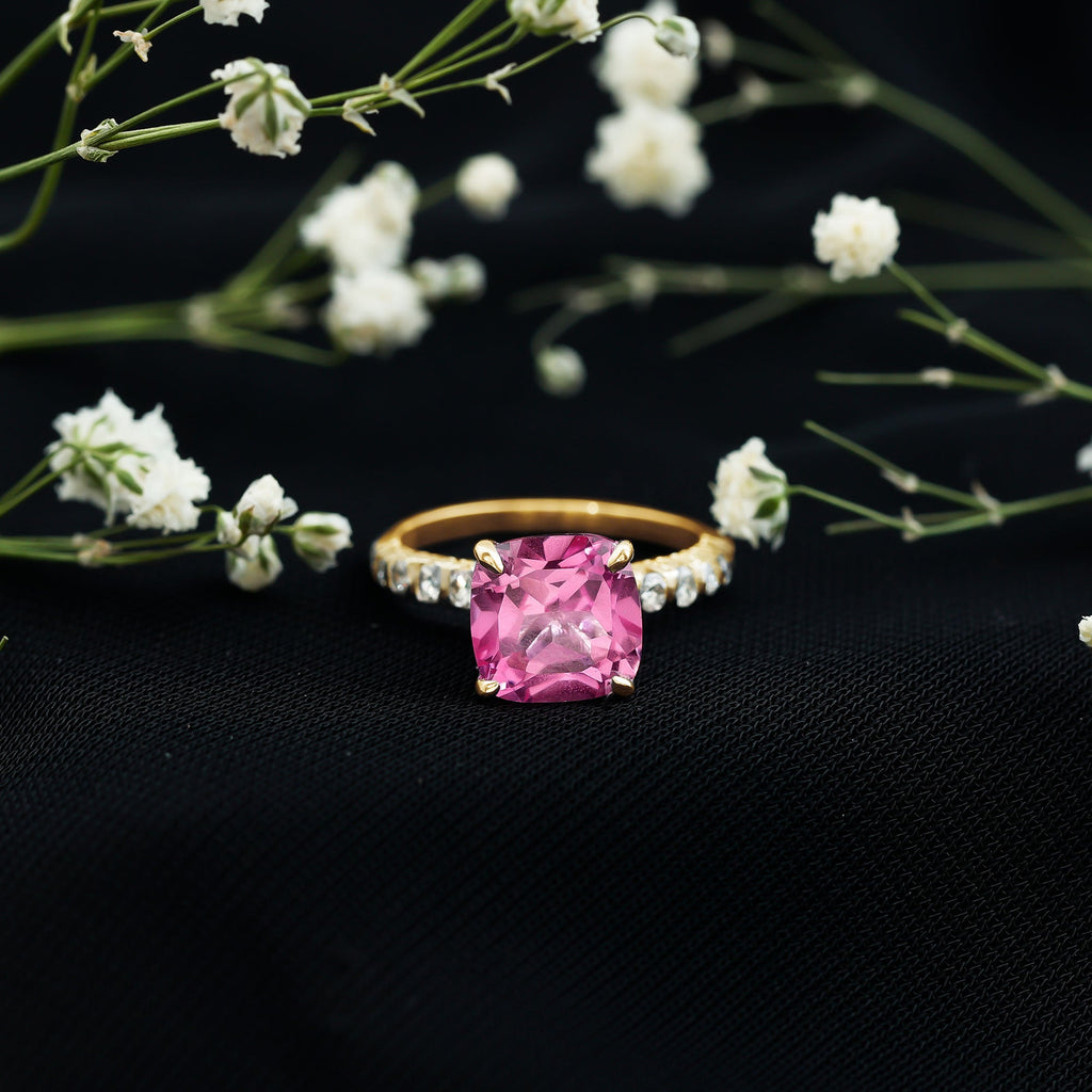 2.75 Carat Cushion Cut Lab Created Pink Sapphire Engagement Ring with Diamond