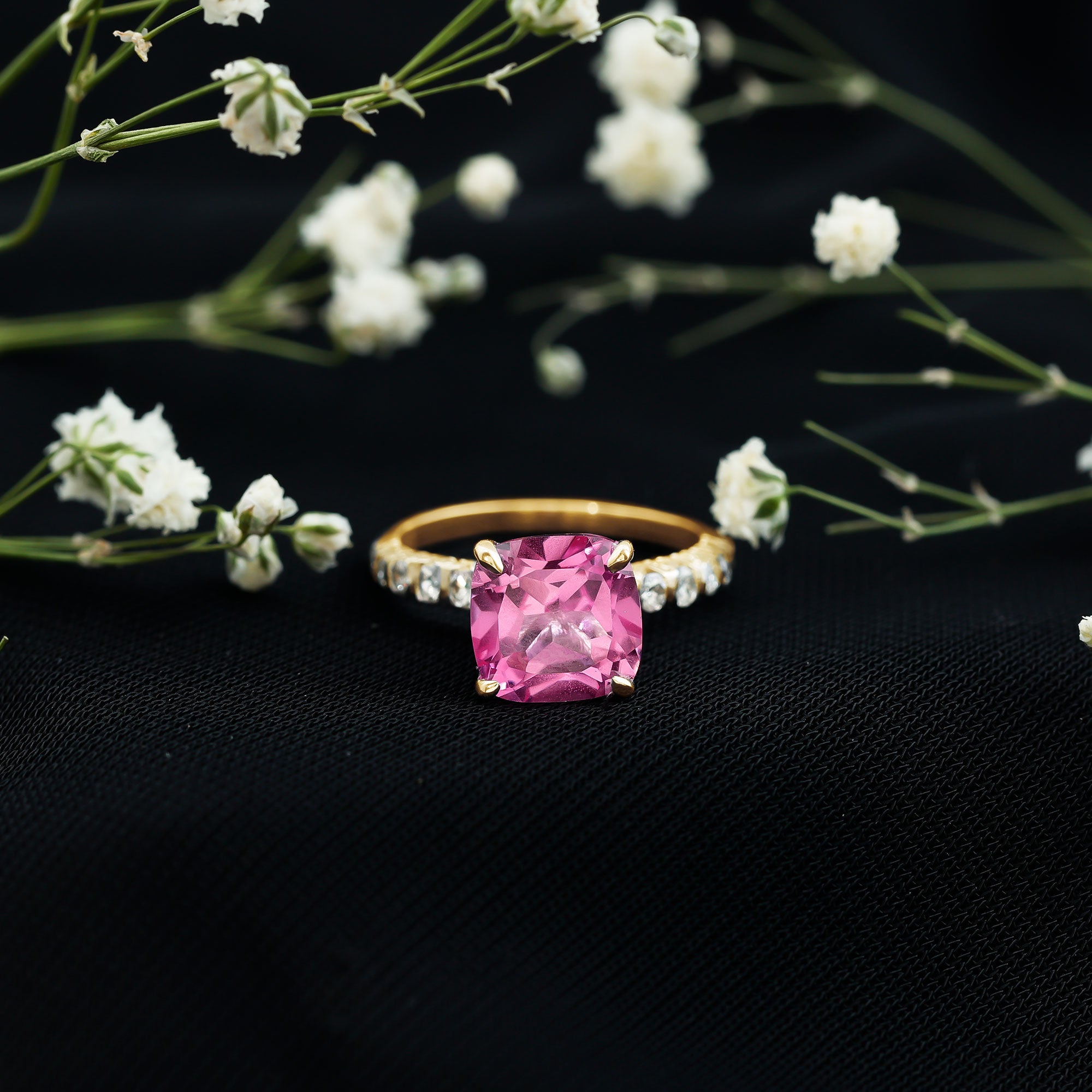 2.75 Carat Cushion Cut Lab Created Pink Sapphire Engagement Ring with Diamond