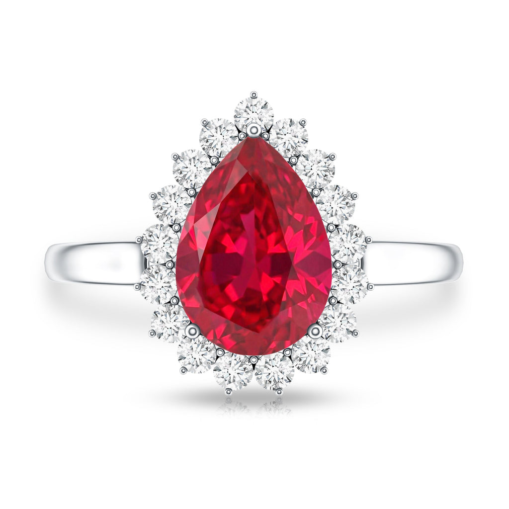 Lab Grown Ruby Ring – Pear Shape Engagement Ring with Diamond Halo & AAA Quality Ruby