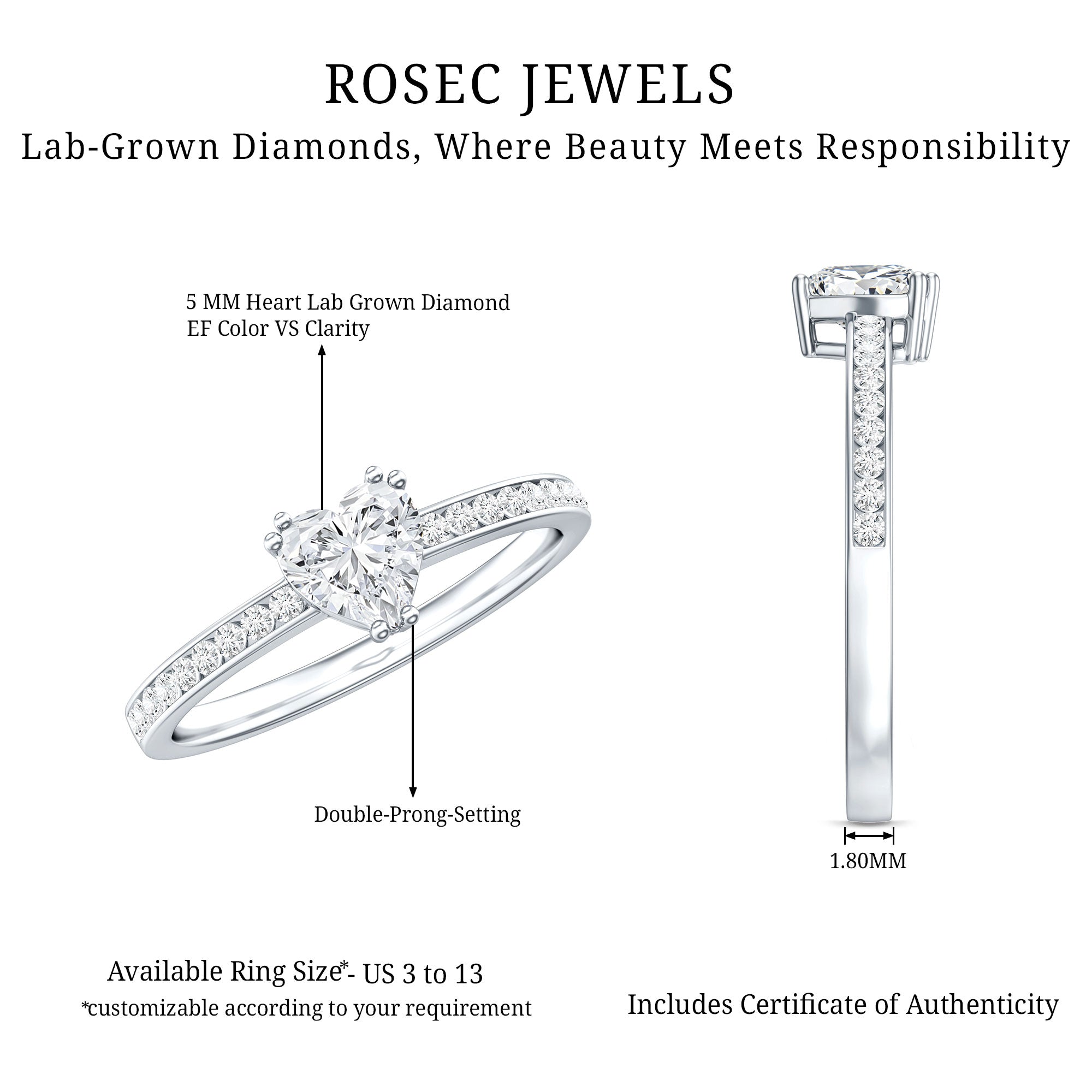 Lab Grown Diamond 0.5 Carat Heart Engagement Ring With Side Stones