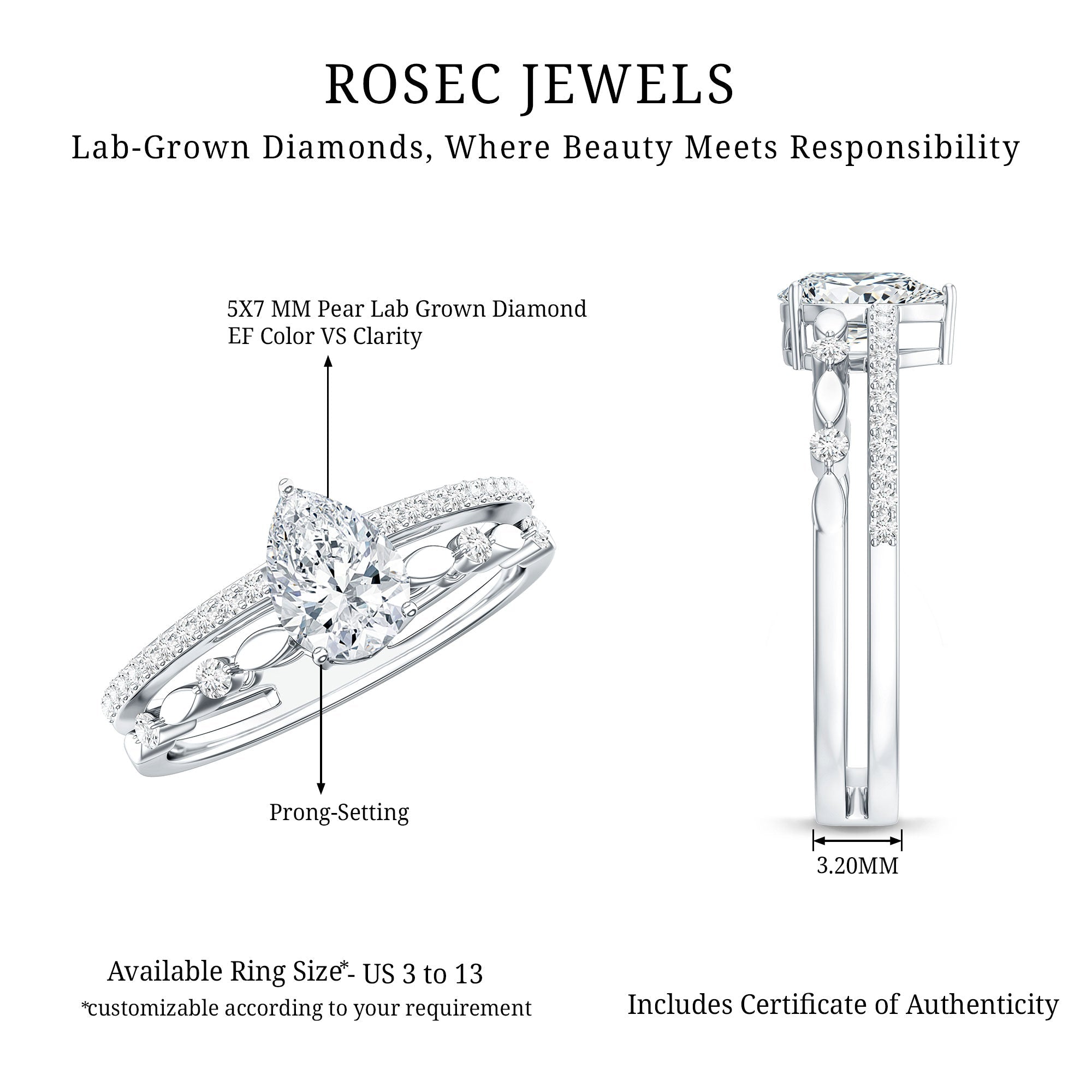 Certified 0.6 Carat Lab Grown Diamond Teardrop Double Band Engagement Ring