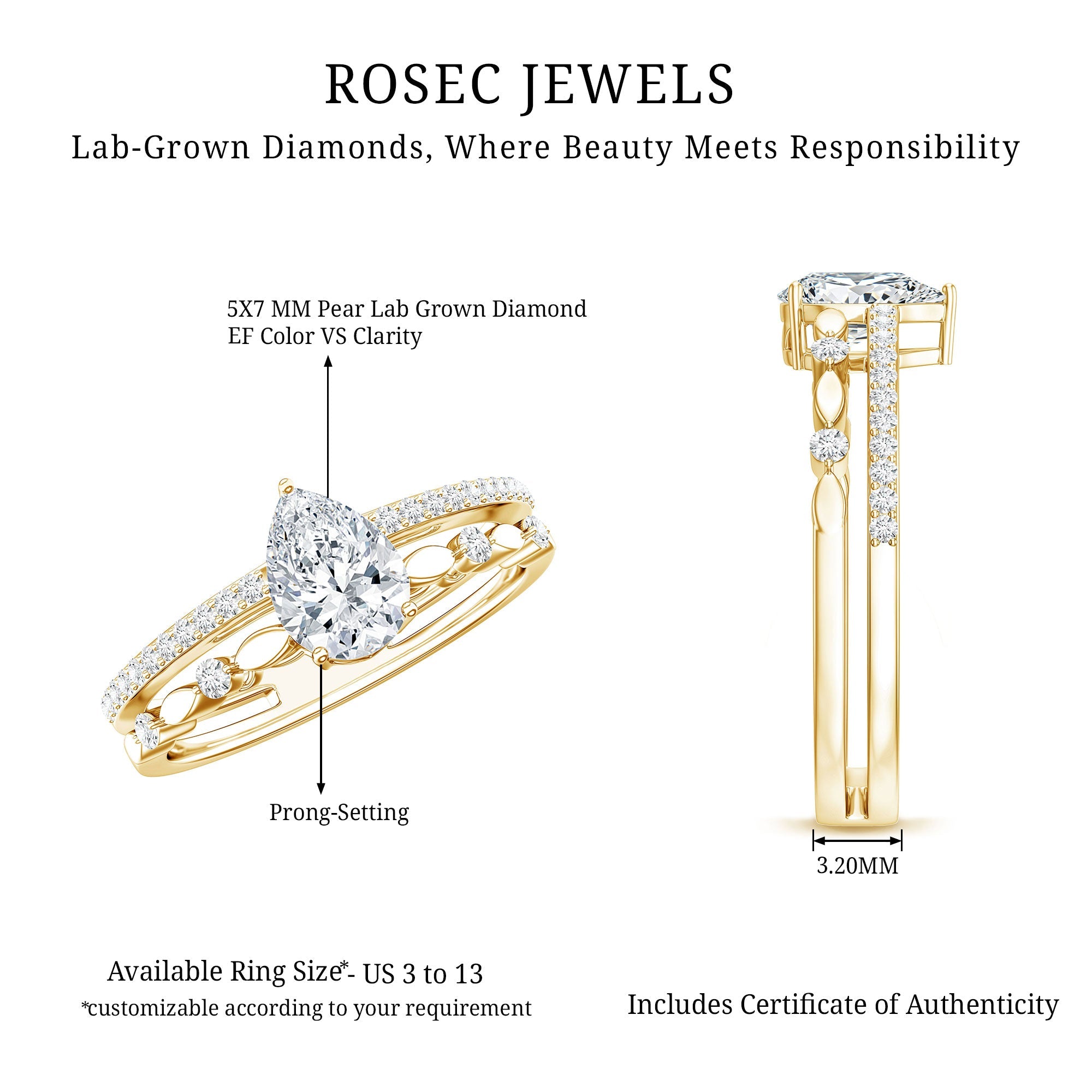Certified 0.6 Carat Lab Grown Diamond Teardrop Double Band Engagement Ring