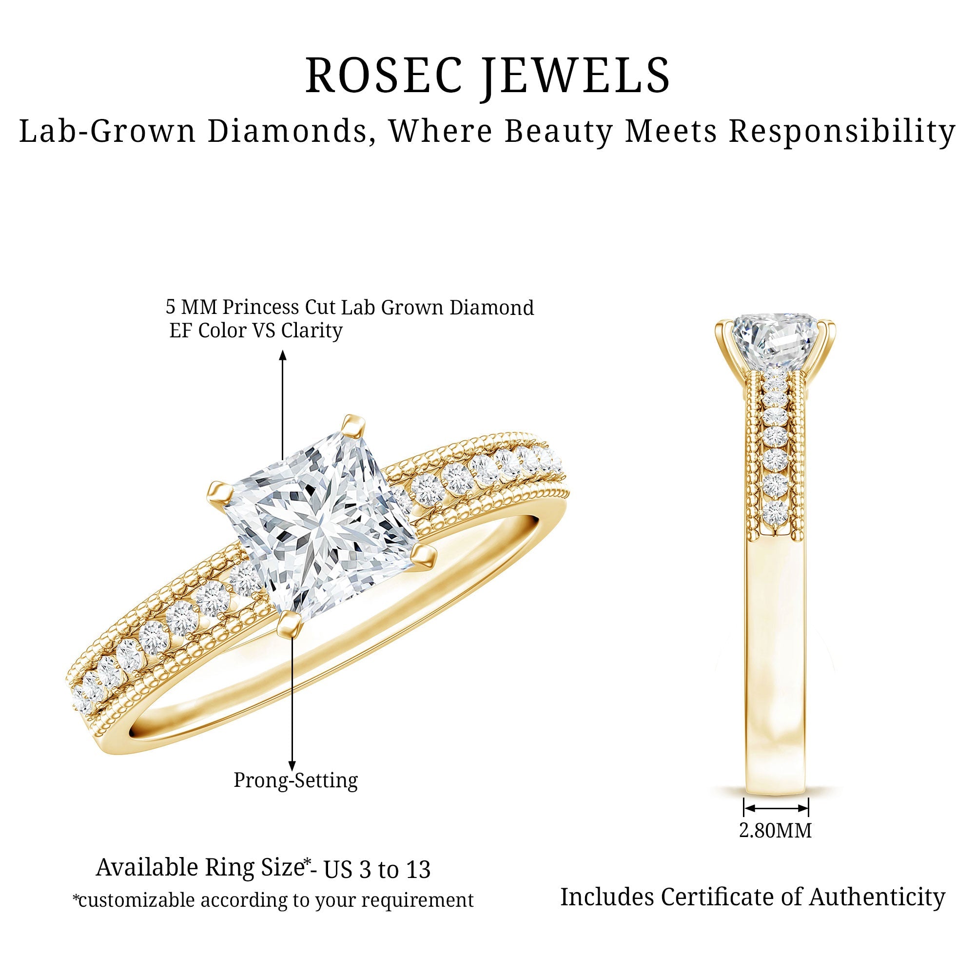 Certified 0.8 Carat Lab Grown Diamond Princess Cut Engagement Ring For Women