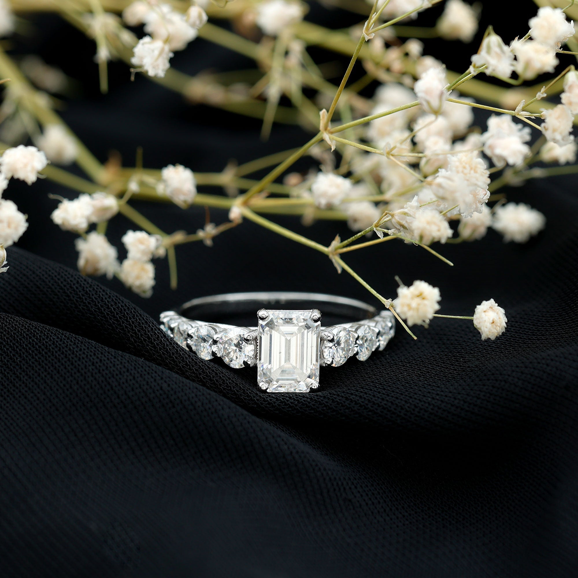 1.8 Carat Lab Grown Diamond Emerald Cut Engagement Ring With Side Stones
