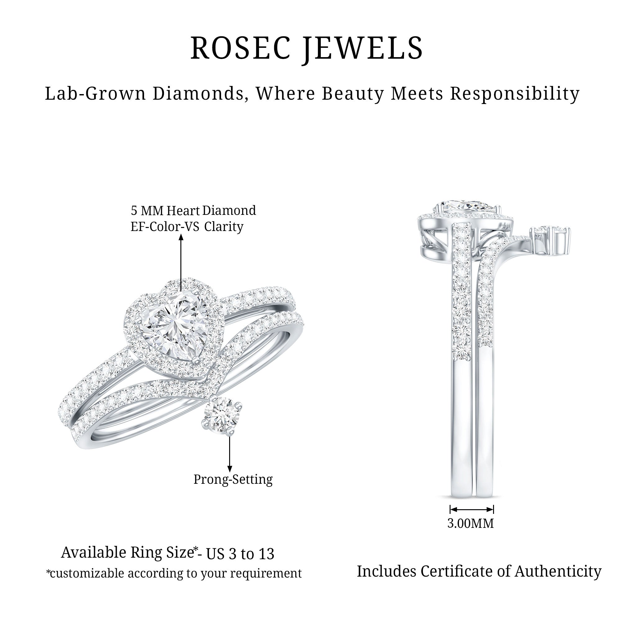 Certified 0.5 Carat Lab Grown Diamond Heart Bridal Ring Set