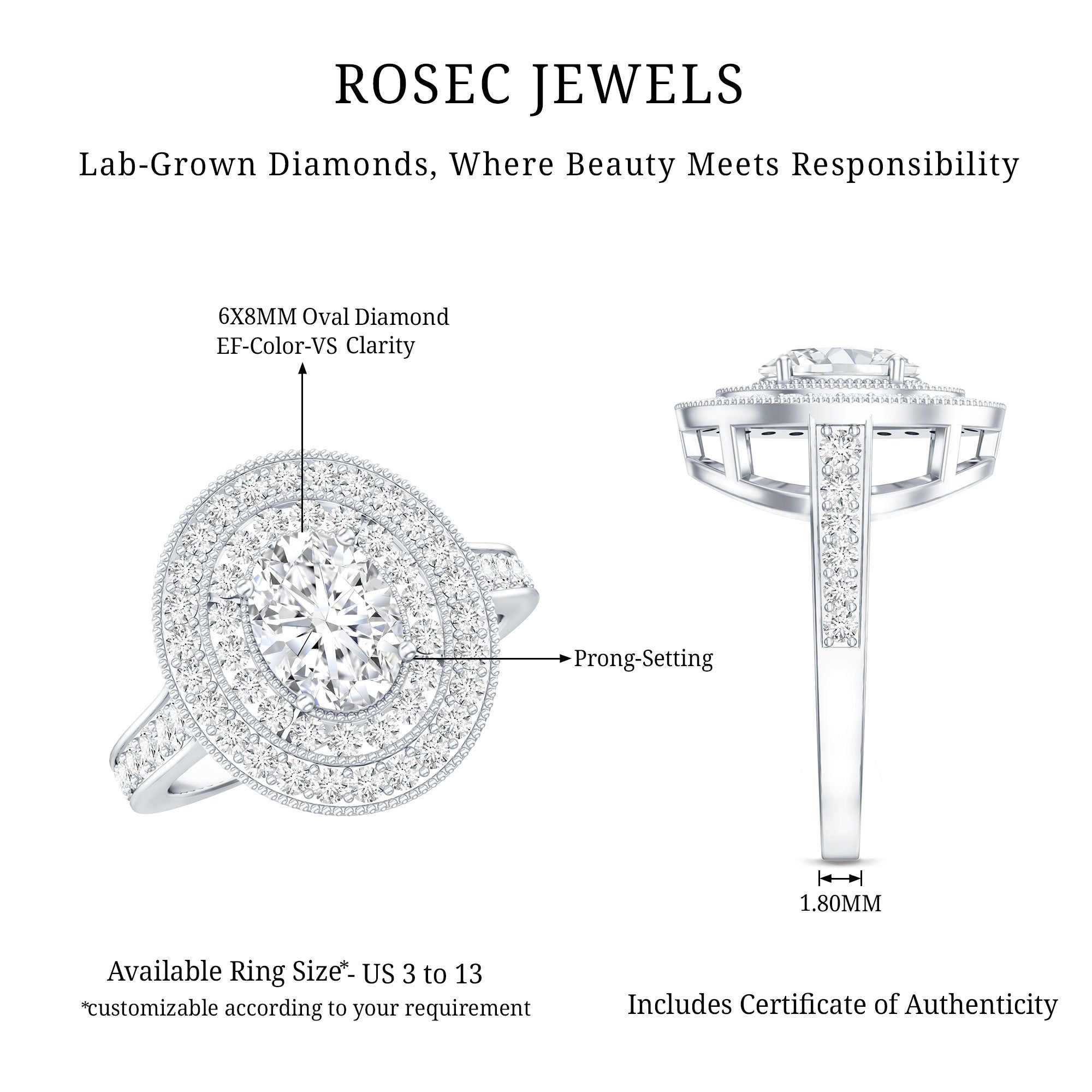 Certified 1.2 Carat Oval Lab Grown Diamond Double Halo Engagement Ring