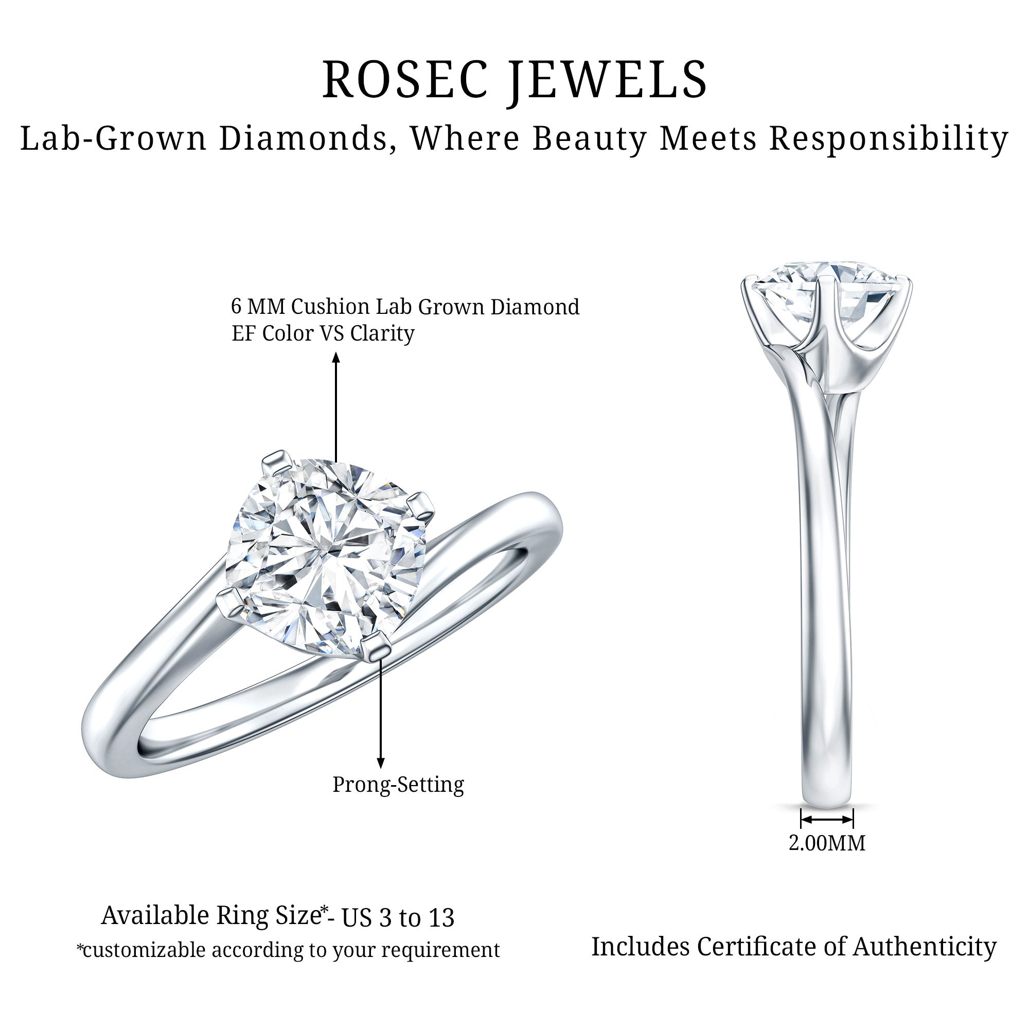 Certified 1.7 Carat Cushion Lab Grown Diamond Solitaire Engagement Ring