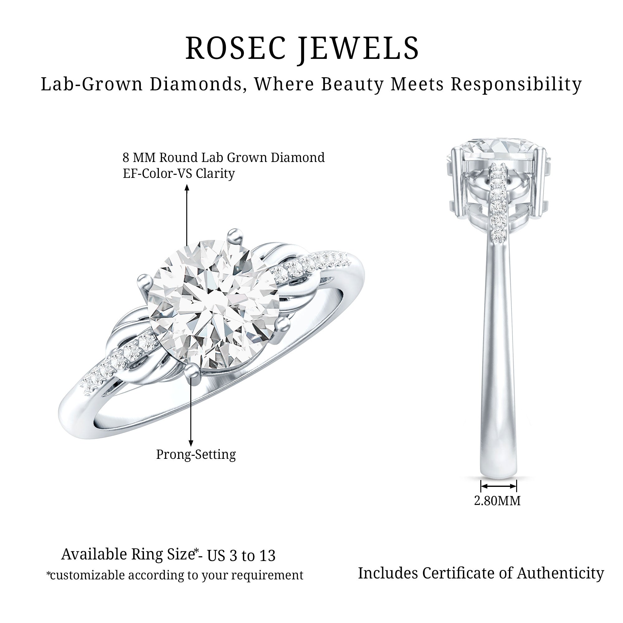 Certified 2 Carat Round Lab Grown Diamond Unique Engagement Ring