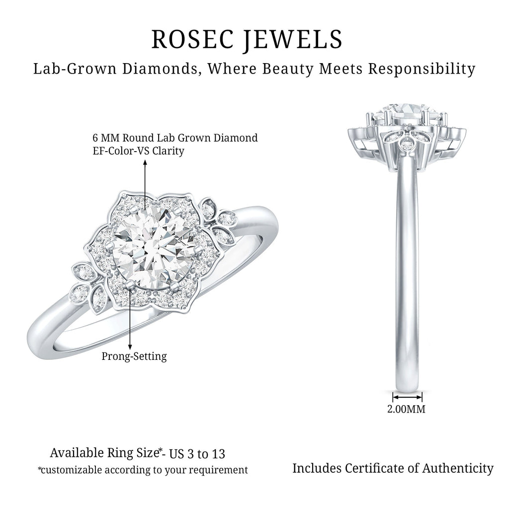Certified Lab Grown Diamond Art Deco Flower Engagement Ring