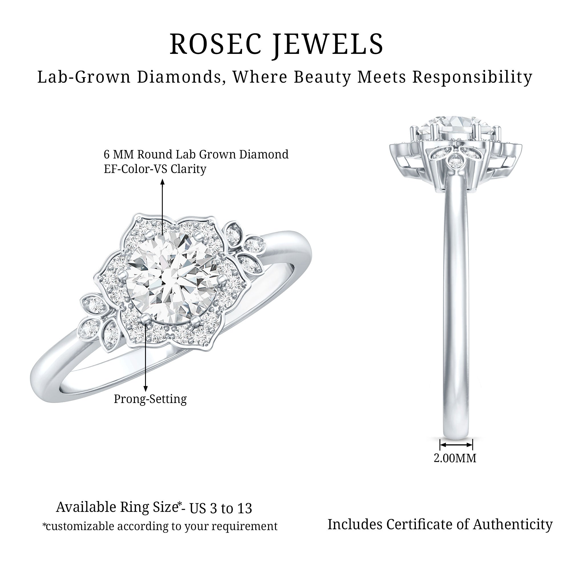 Certified Lab Grown Diamond Art Deco Flower Engagement Ring