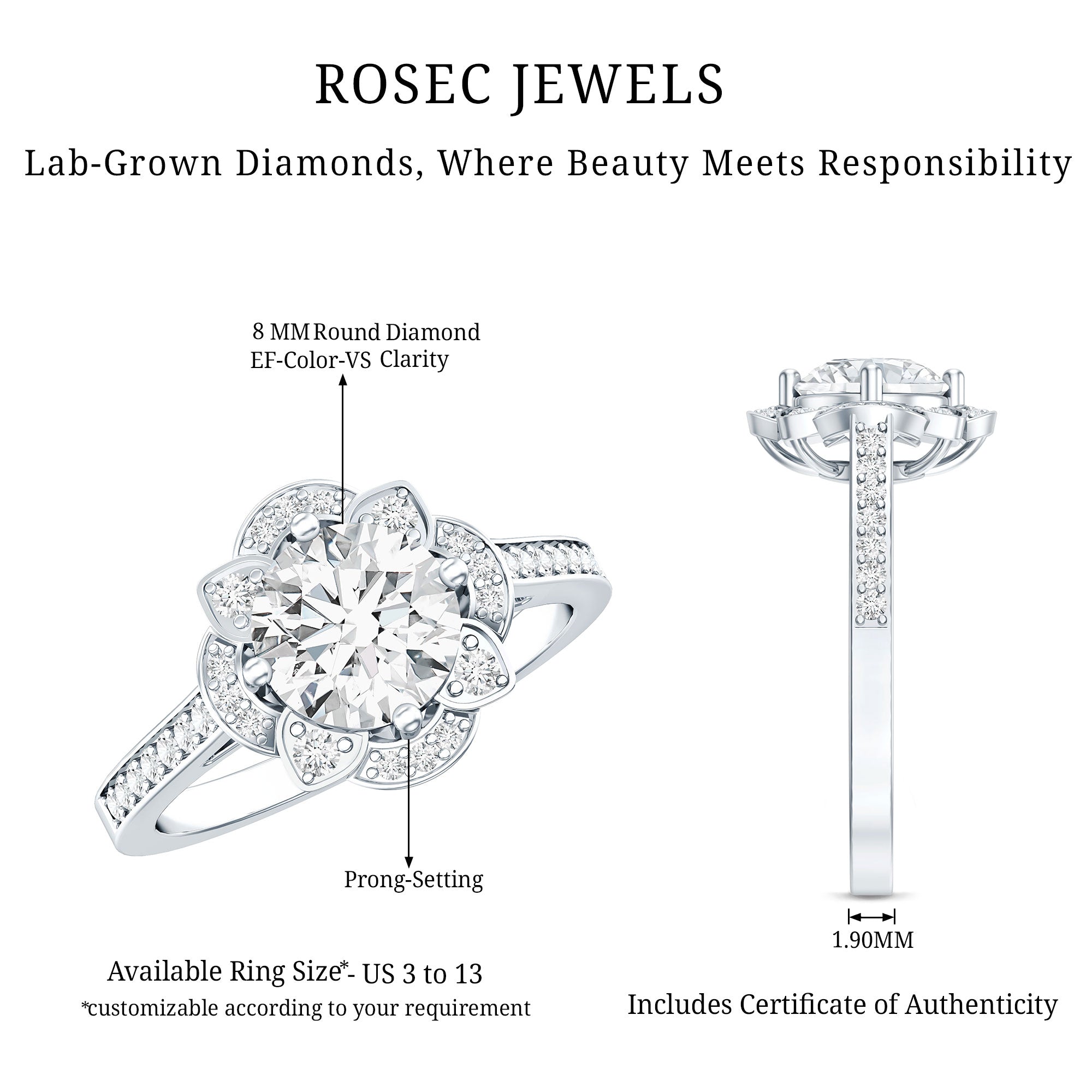 2 Carat Lab Grown Diamond Vintage Engagement Ring With Diamond Studded Shank