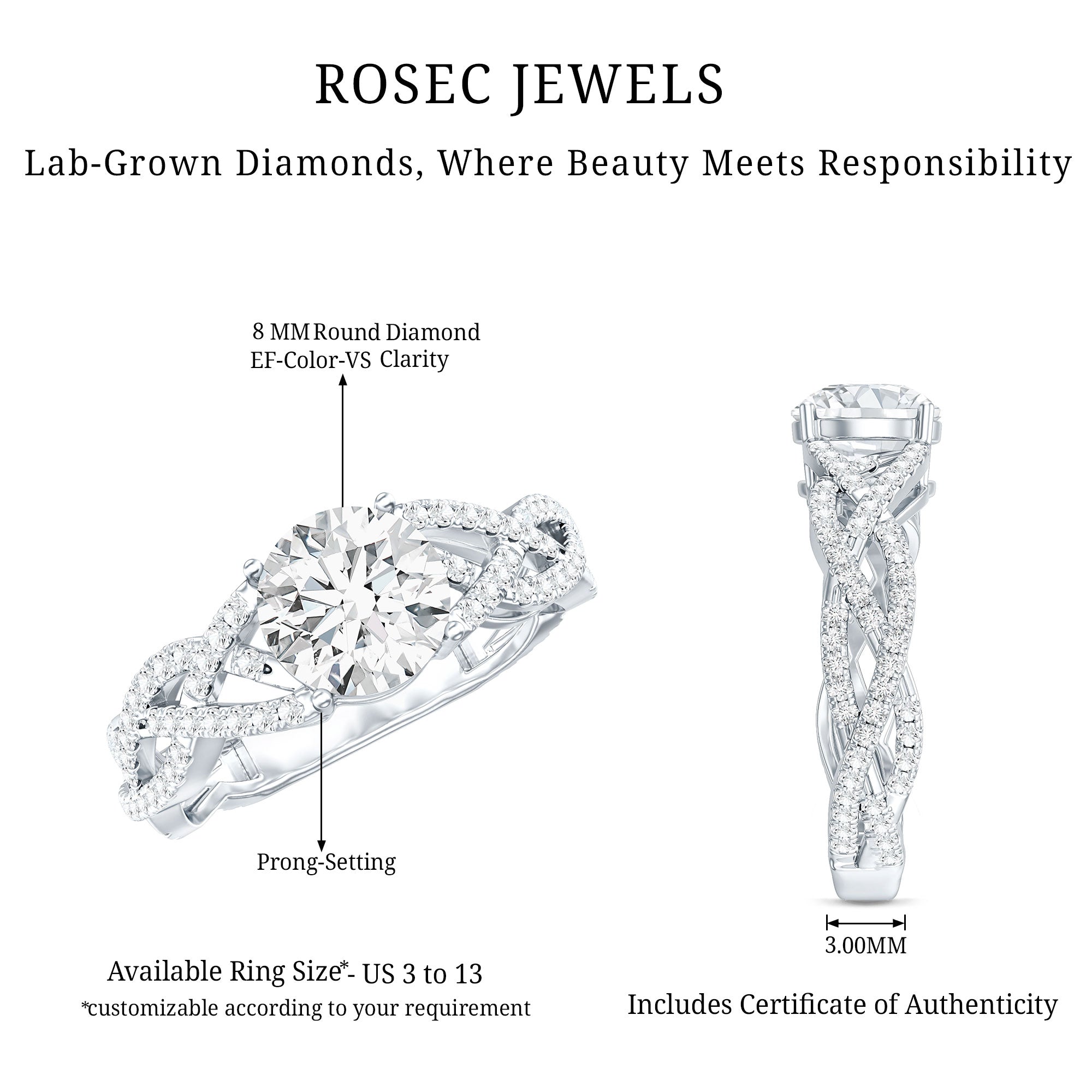 Lab Grown Diamond 2 Carat Round Engagement Ring With Infinity Twist