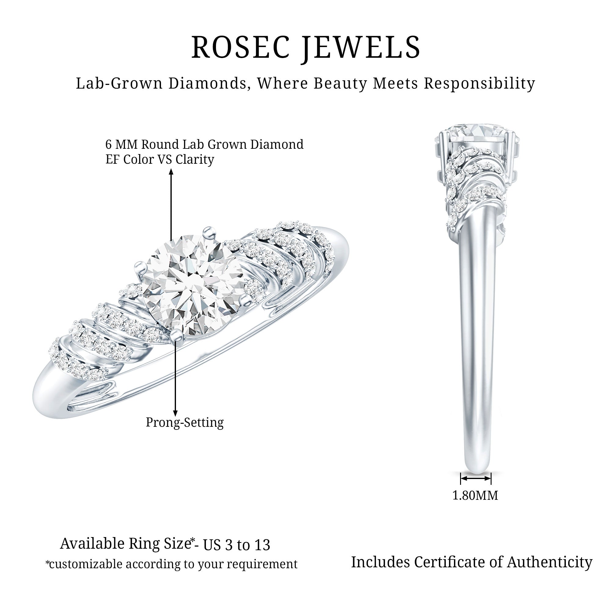 0.9 Carat Lab Grown Diamond Designer Engagement Ring With Side Stones