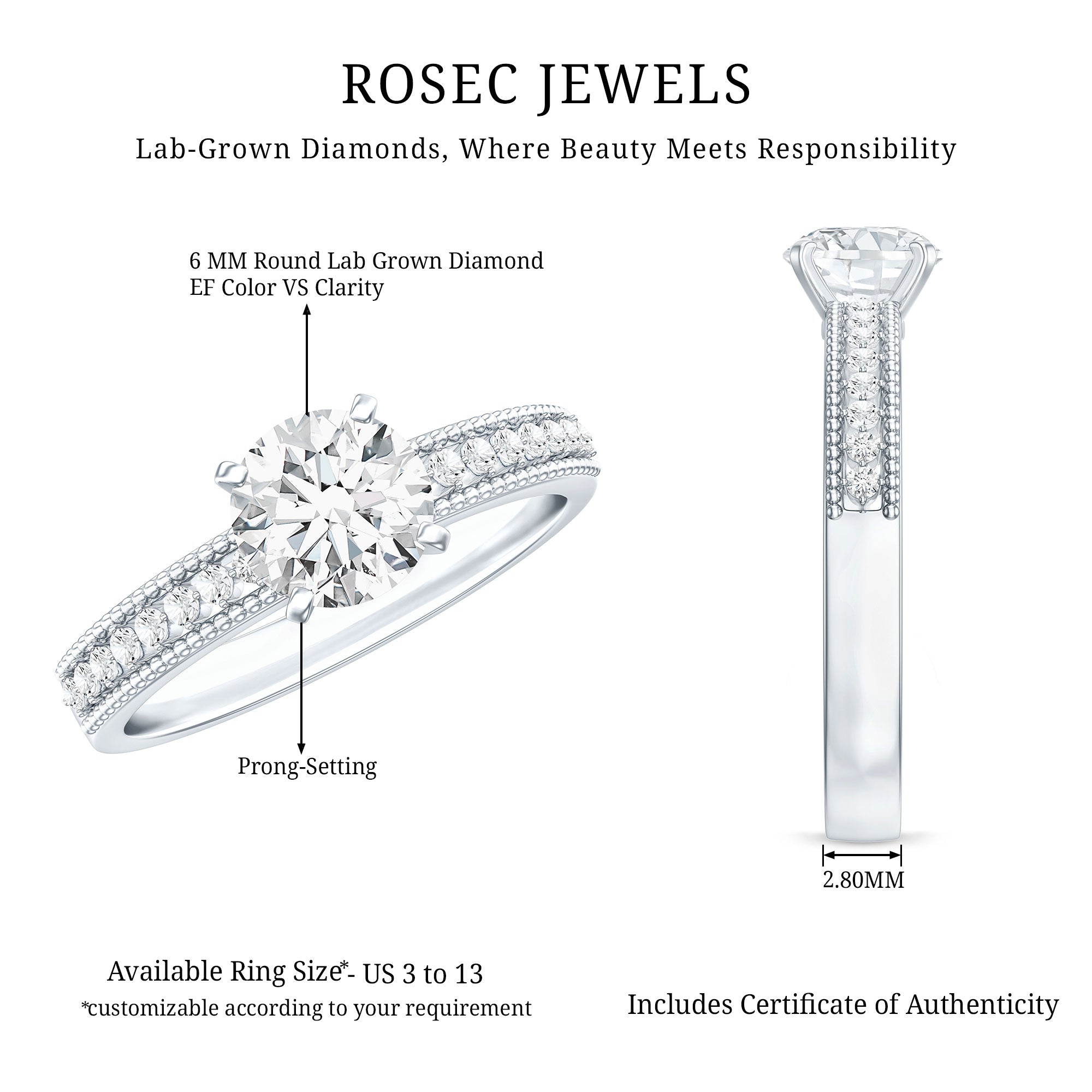 Certified Lab Grown 0.9 Carat Diamond Engagement Ring with Side Stones