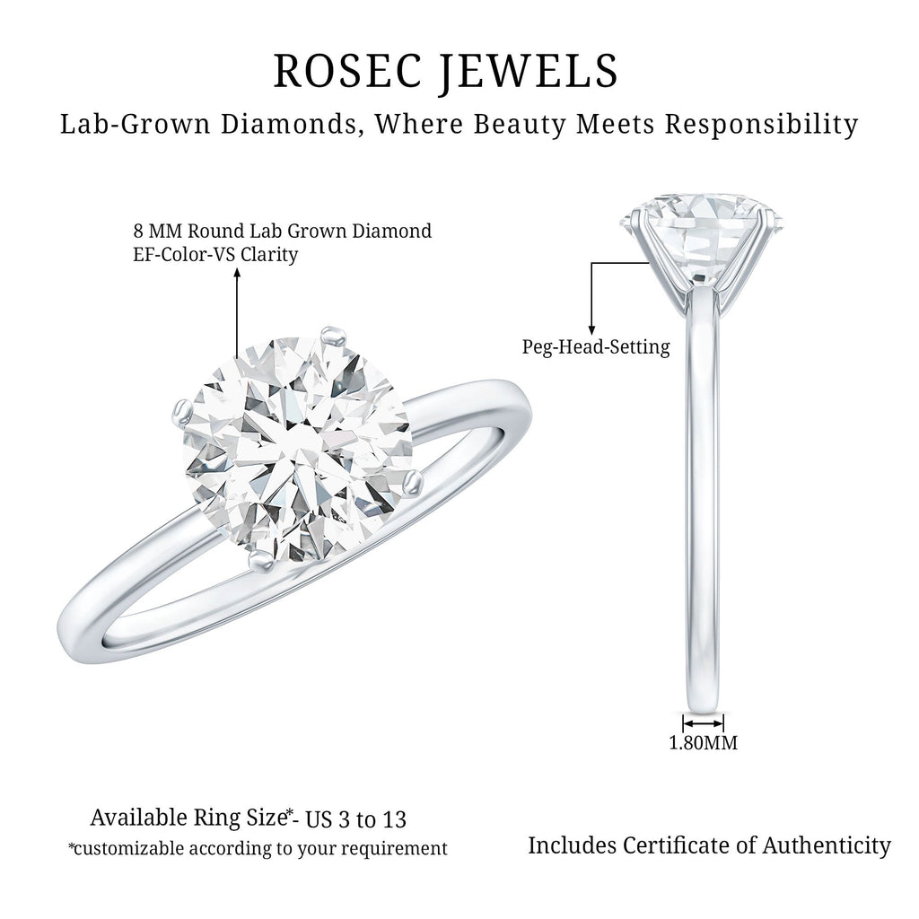 Lab Grown Diamond Ring - 2 Carat Round Cut Solitaire Engagement Band in Silver