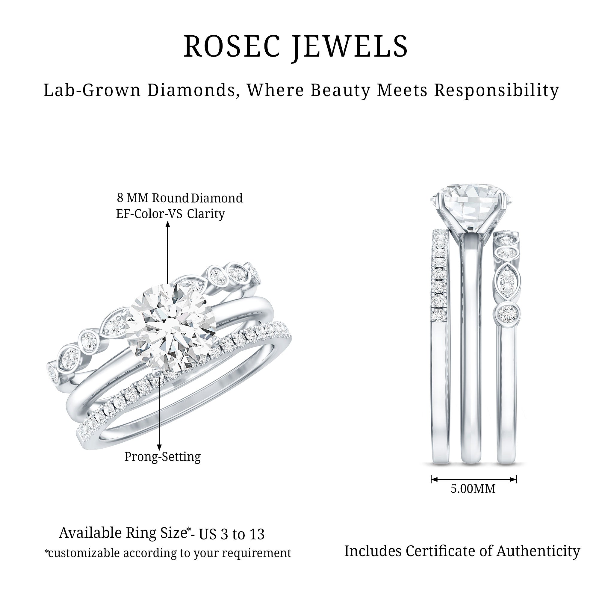 2 Carat Certified Round Cut Lab Created Diamond 3 Piece Bridal Ring Set