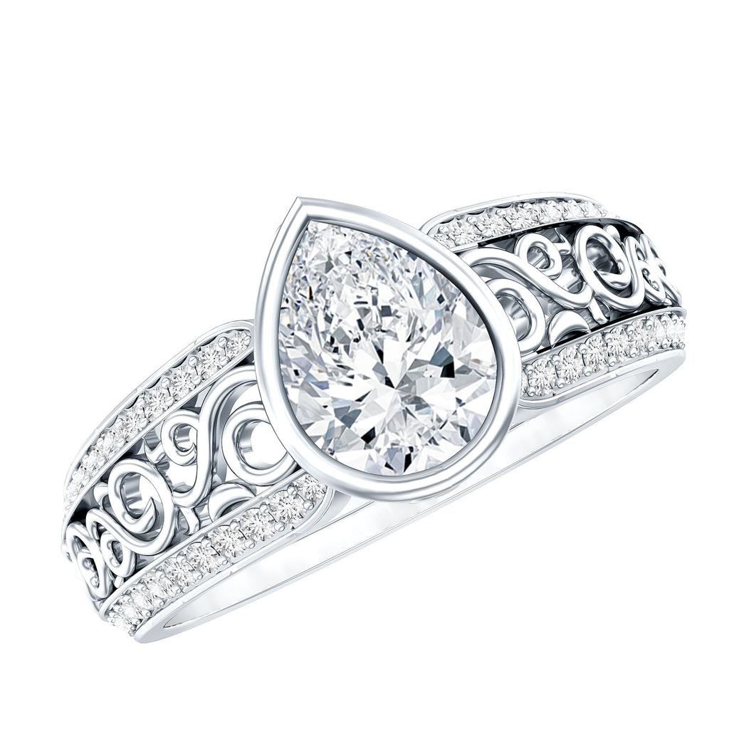 A stunning diamond engagement ring with a large central diamond surrounded by smaller diamonds set in an intricate, ornate band.