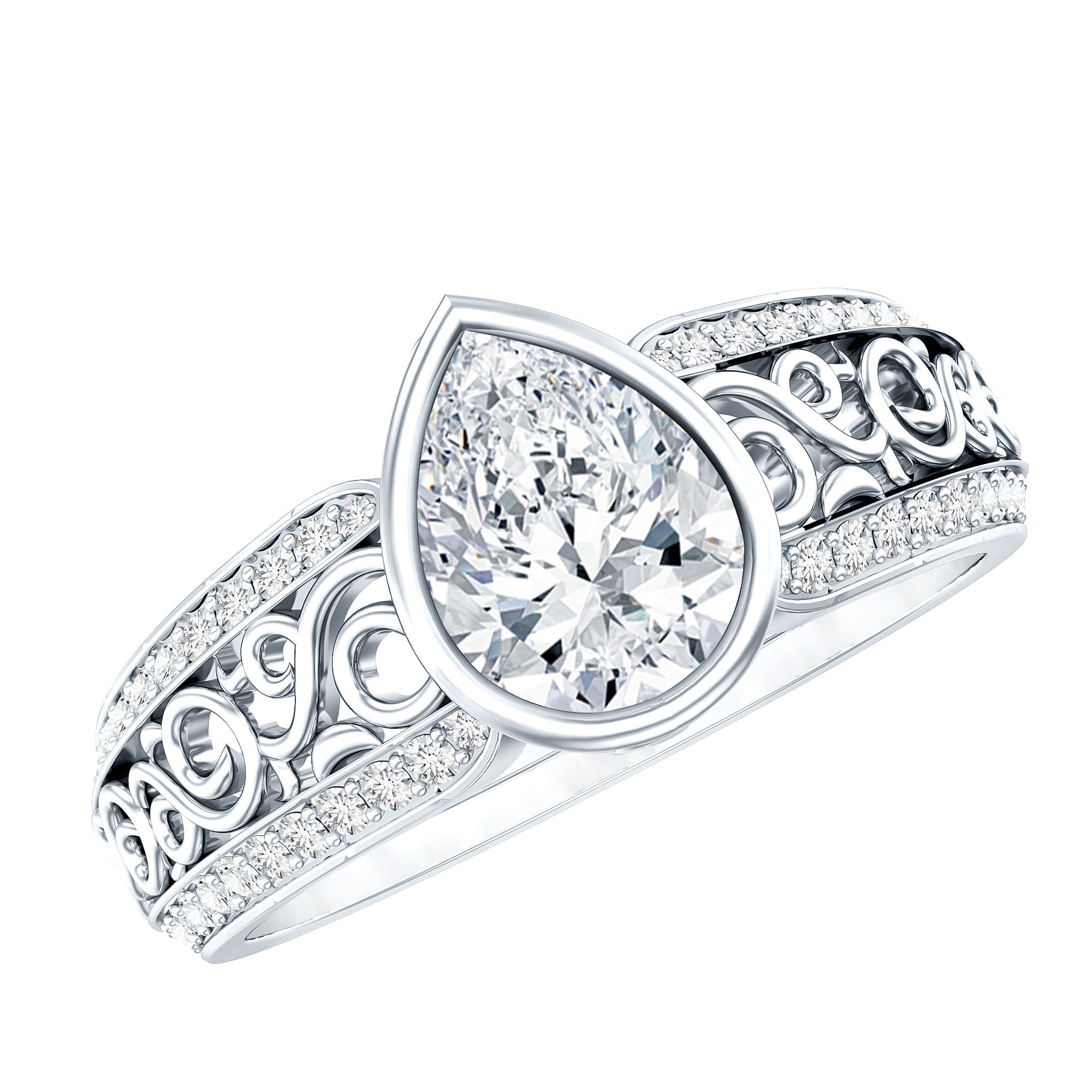 A stunning diamond engagement ring with a large central diamond surrounded by smaller diamonds set in an intricate, ornate band.