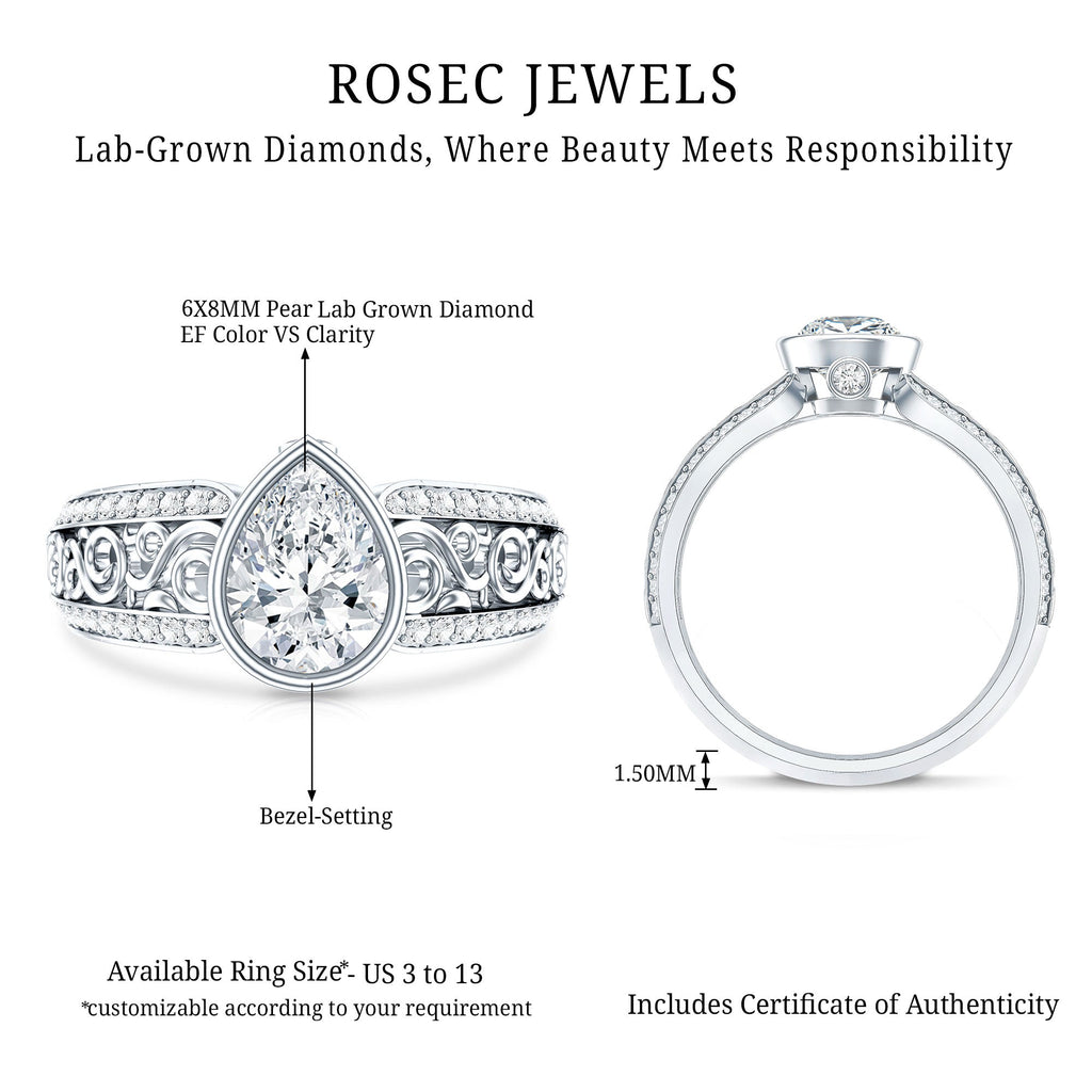 The image is a collage of two photos showcasing a lab-grown diamond ring. The first photo shows the ring with a large central diamond surrounded by smaller diamonds, while the second photo provides a close-up view of the ring's bezel and setting. The image includes a description of the ring's features, such as the 6XMM pear lab grown diamond and the 1.50MM bezel-setting. The image also mentions that the ring is available in US 3 to 13 custom sizes and includes a certificate of authenticity.