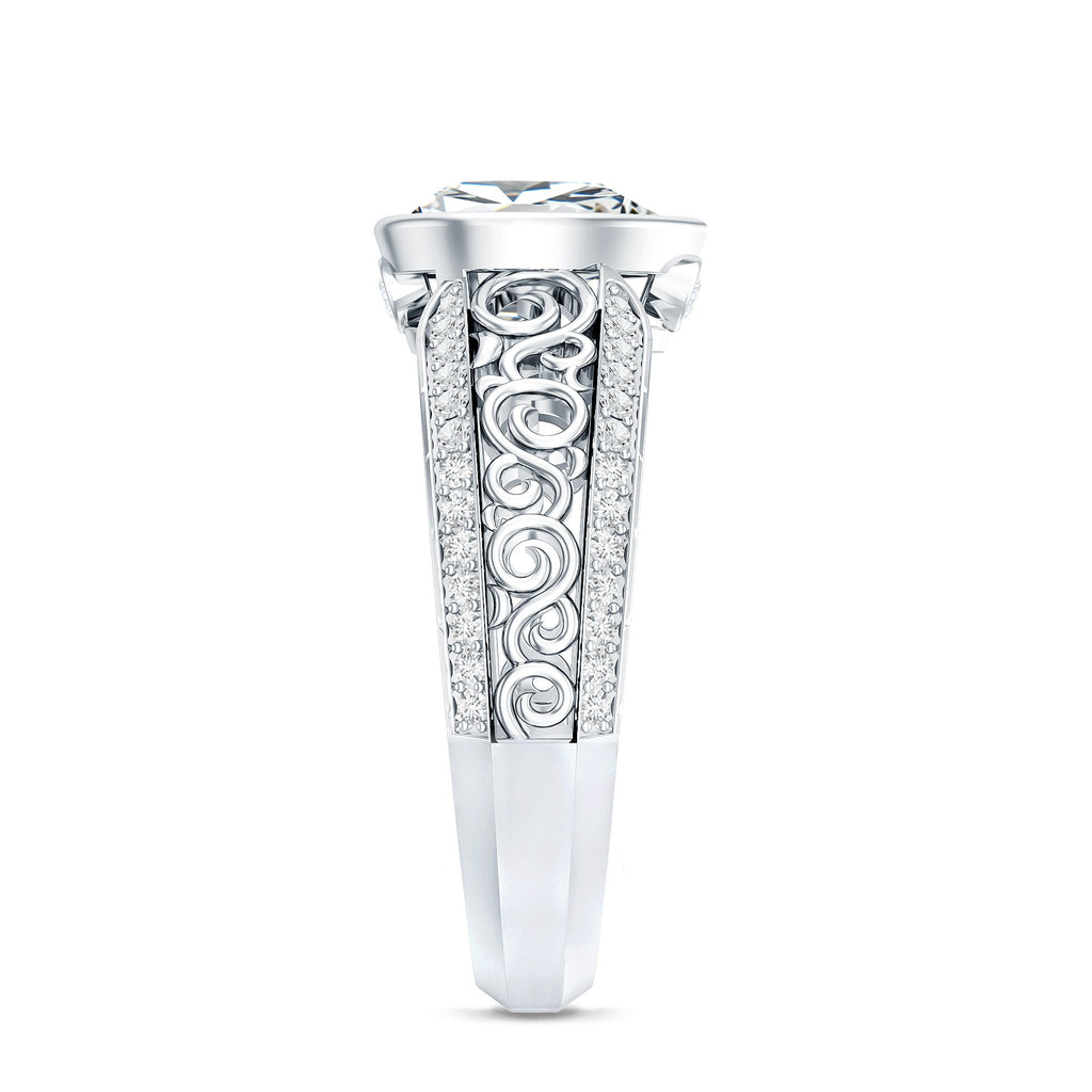 A silver ring with a large central diamond surrounded by smaller diamonds arranged in a decorative pattern.