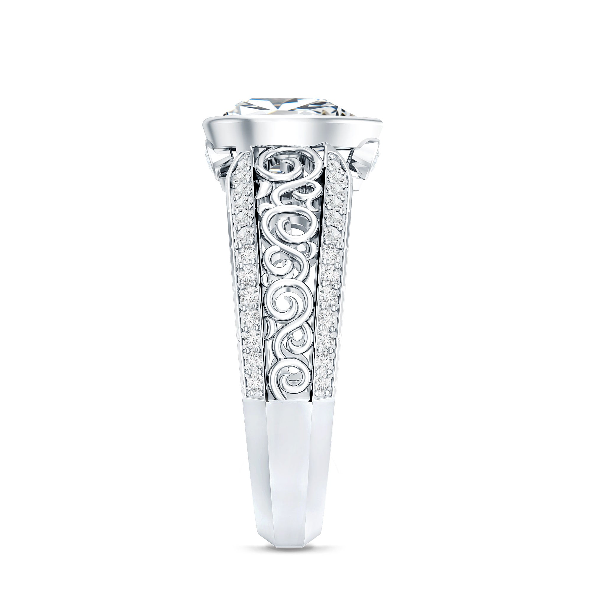 A silver ring with a large central diamond surrounded by smaller diamonds arranged in a decorative pattern.