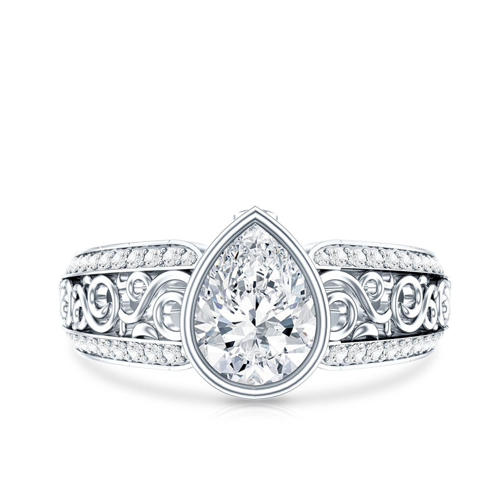 A close-up of a diamond engagement ring with a large central diamond surrounded by smaller diamonds and intricate metalwork.
