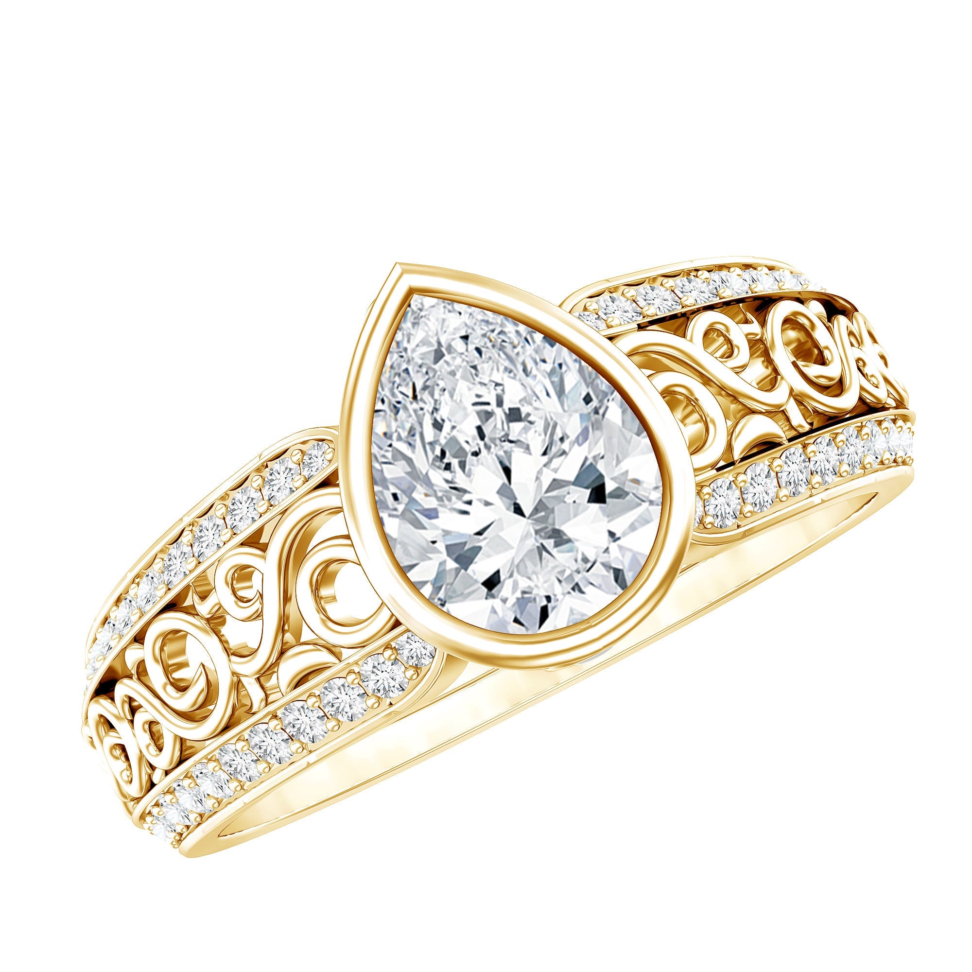 A gold ring with a large, clear diamond set in the center, surrounded by intricate, decorative designs.