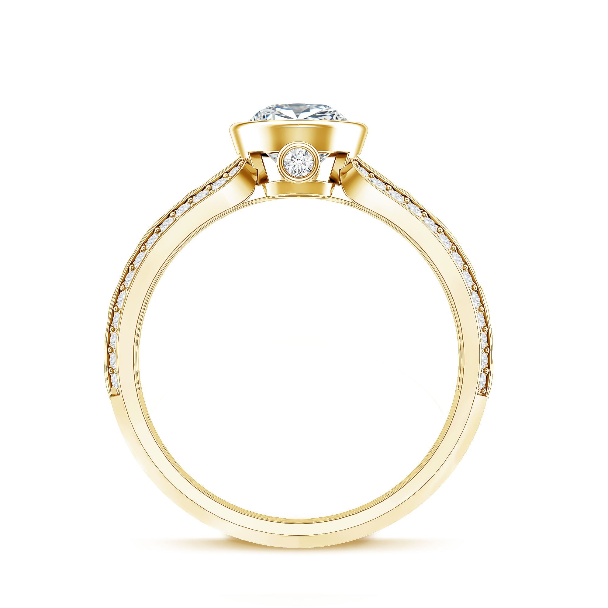 A gold engagement ring with a diamond center stone and a halo of smaller diamonds around the larger center stone.