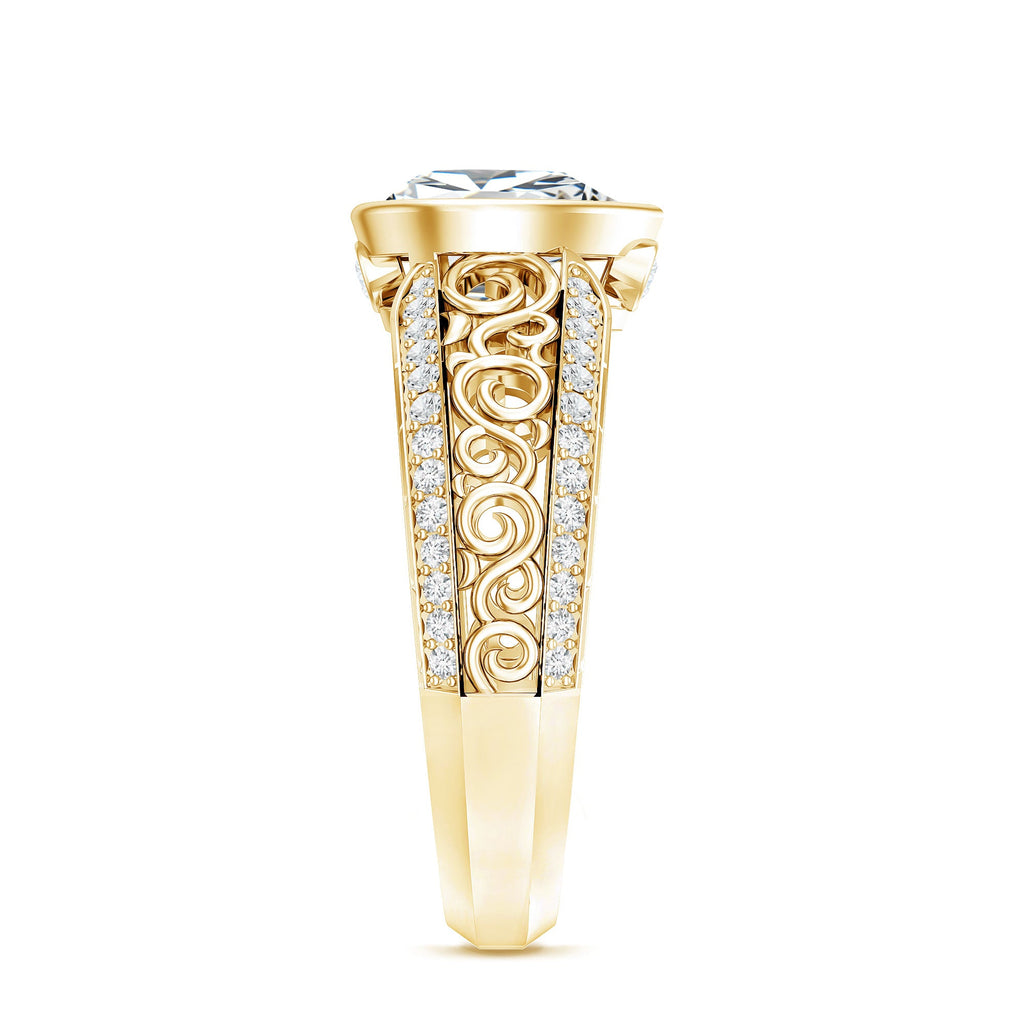 A gold ring with a large central gemstone surrounded by smaller diamonds set in an intricate, swirling design.