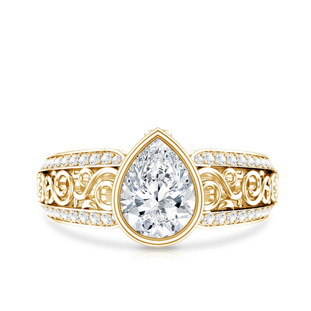 A gold ring with a large, clear diamond set in the center, surrounded by intricate, decorative designs.