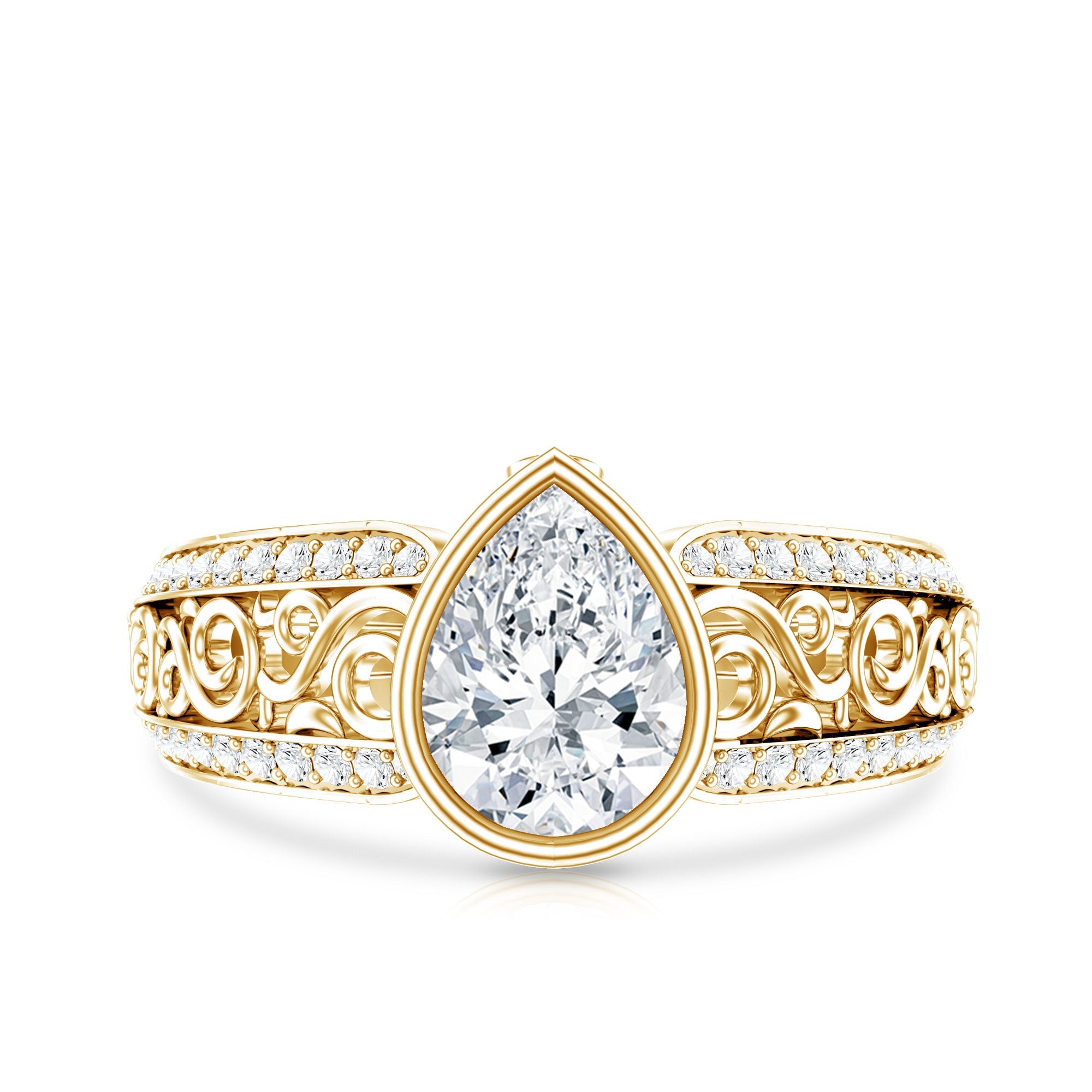 A gold ring with a large, clear diamond set in the center, surrounded by intricate, decorative designs.