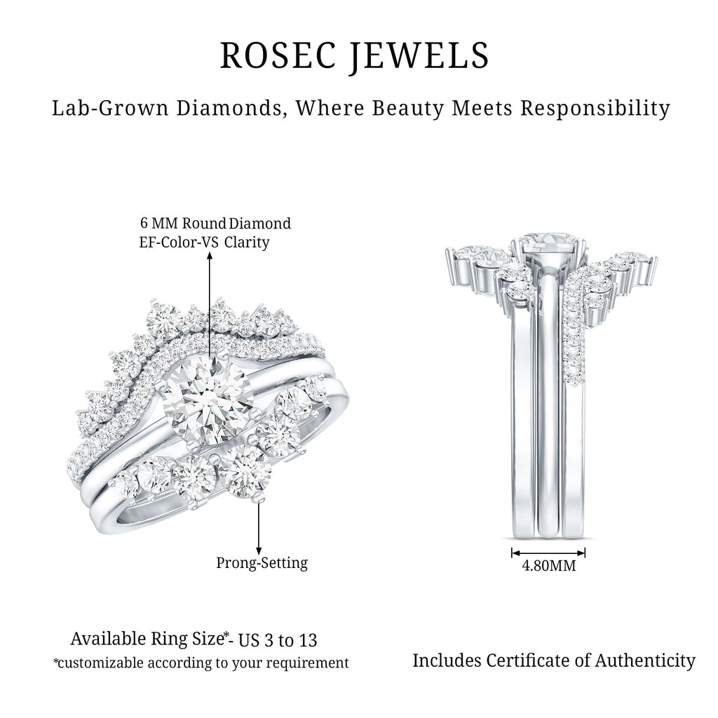 Lab Grown Diamond Ring - Vintage Bridal Set with 3 Piece Stackable Bands