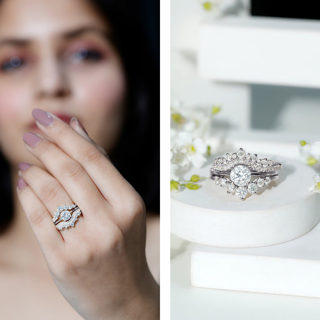 Lab Grown Diamond Ring - Vintage Bridal Set with 3 Piece Stackable Bands