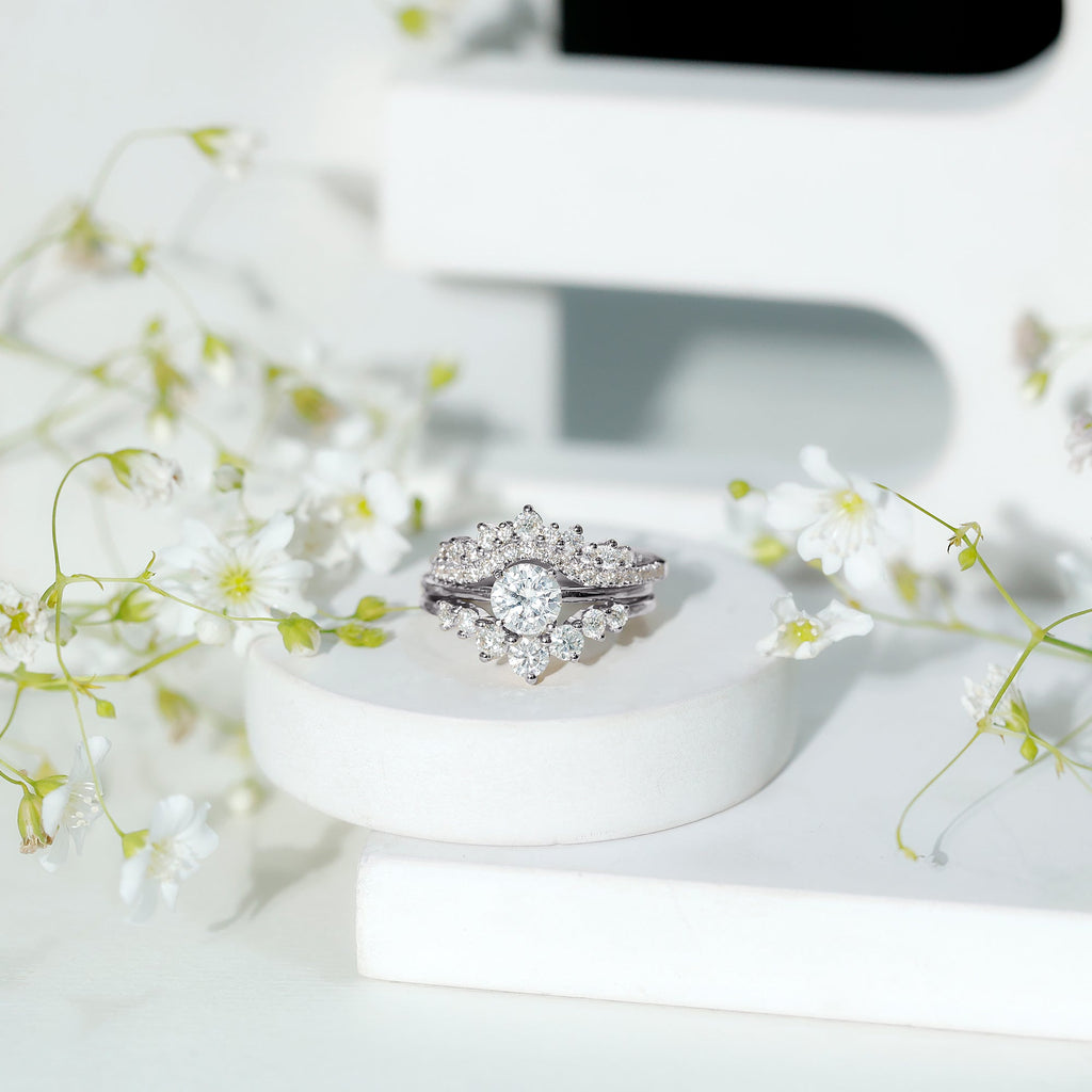 Lab Grown Diamond Ring - Vintage Bridal Set with 3 Piece Stackable Bands