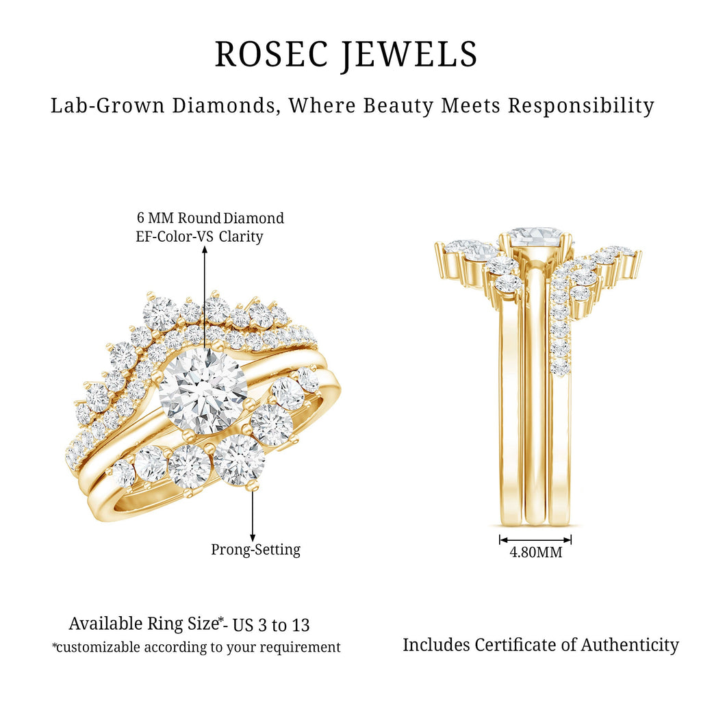 Lab Grown Diamond Ring - Vintage Bridal Set with 3 Piece Stackable Bands