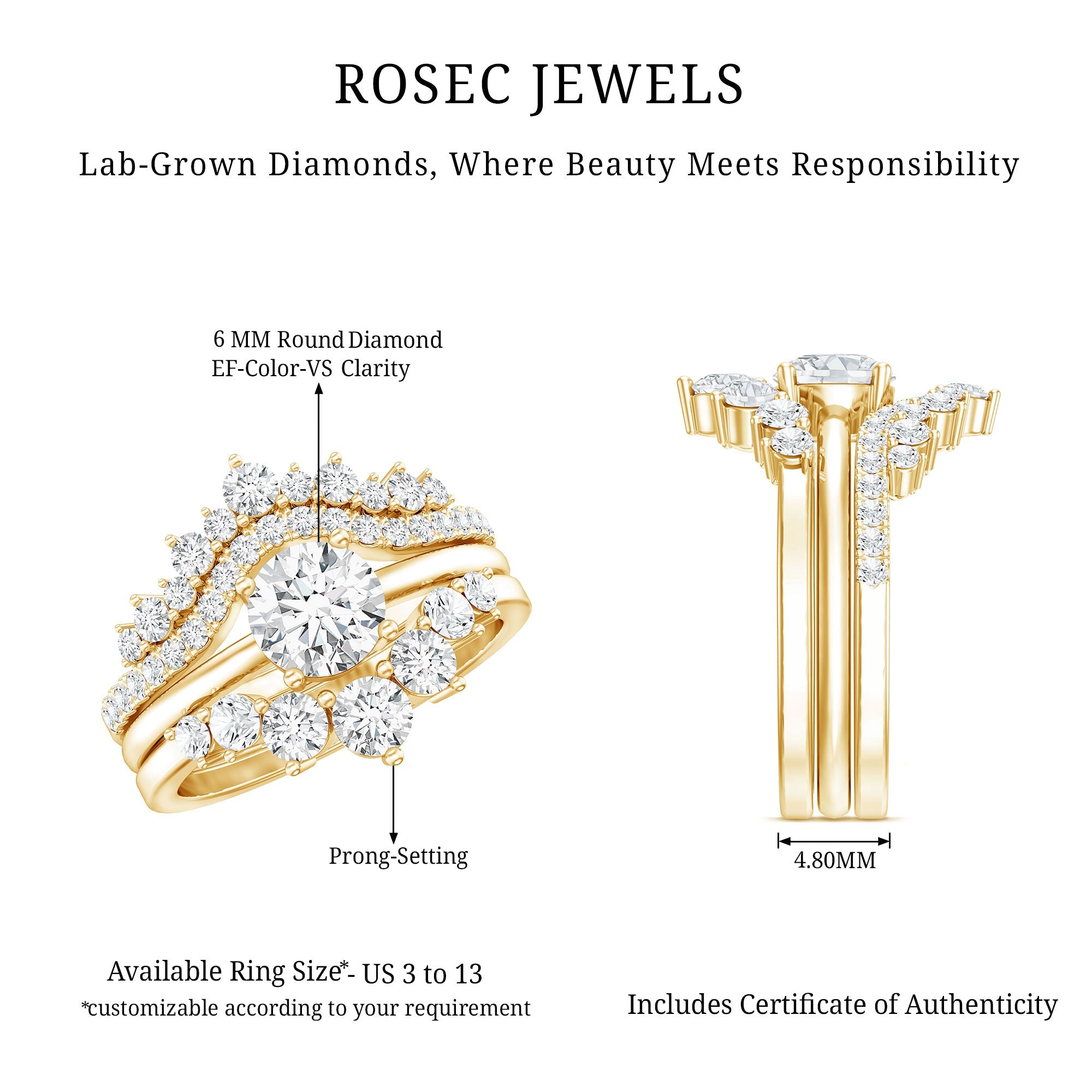 Lab Grown Diamond Ring - Vintage Bridal Set with 3 Piece Stackable Bands