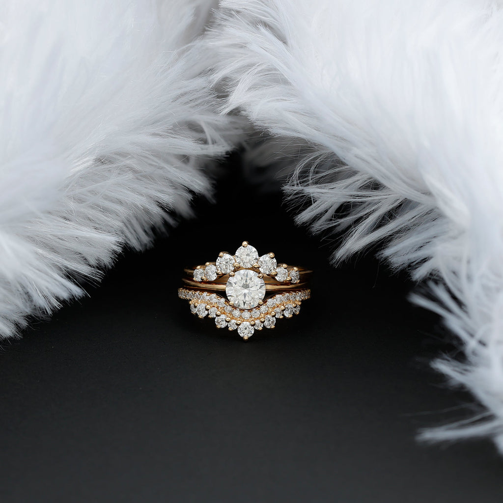 Lab Grown Diamond Ring - Vintage Bridal Set with 3 Piece Stackable Bands