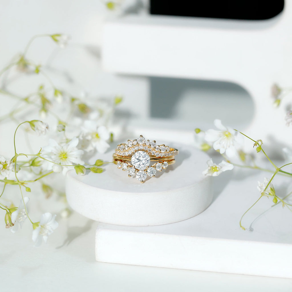 Lab Grown Diamond Ring - Vintage Bridal Set with 3 Piece Stackable Bands