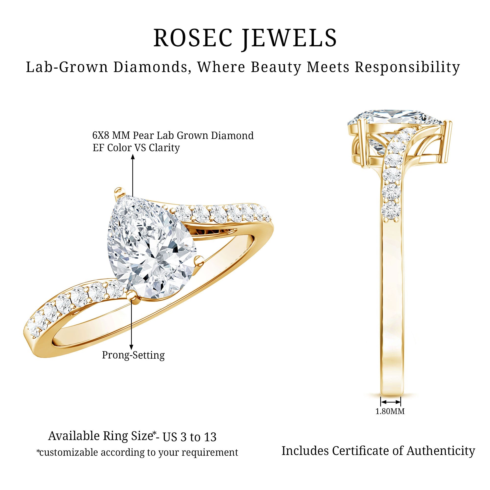 Certified 6X8 MM Pear Cut Lab Created Diamond Teardrop Engagement Ring