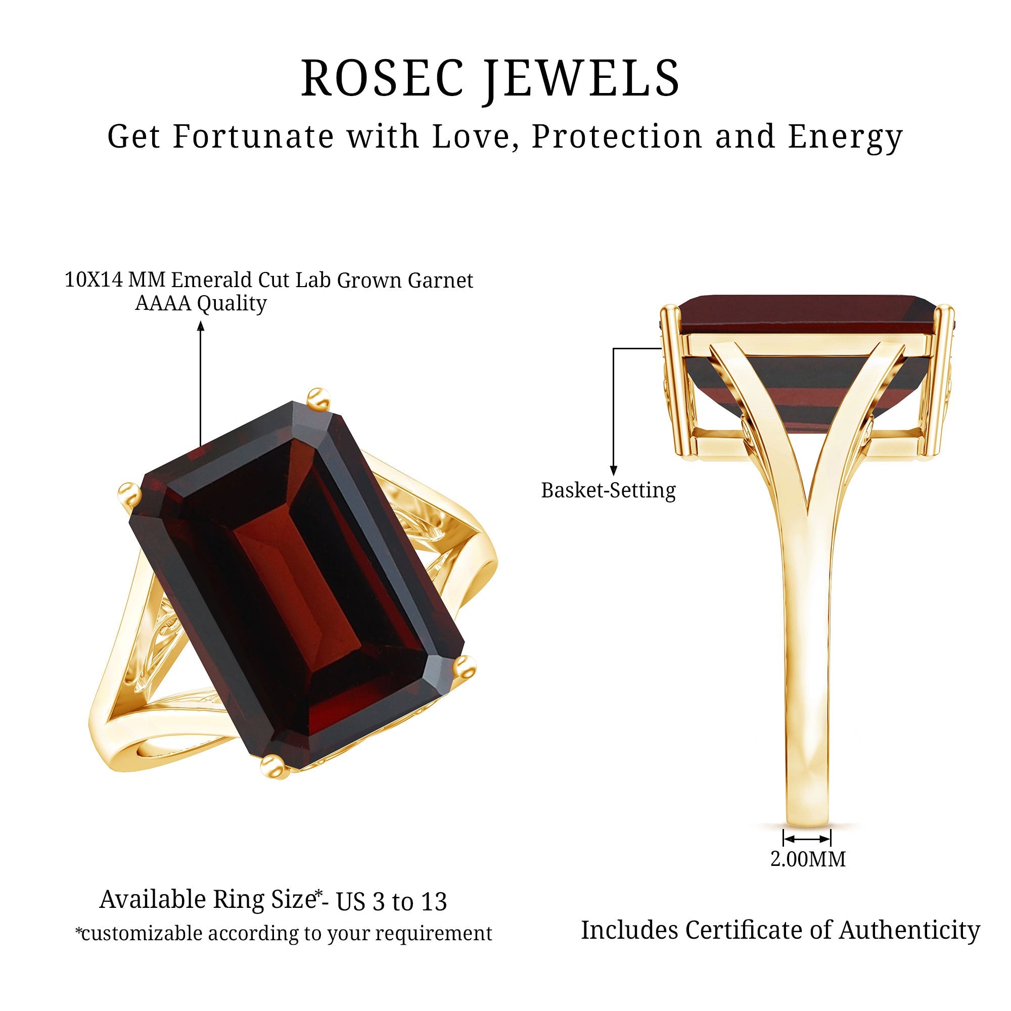 Lab Grown Garnet Ring – 9 Carat Emerald Cut Solitaire Engagement with Split Shank