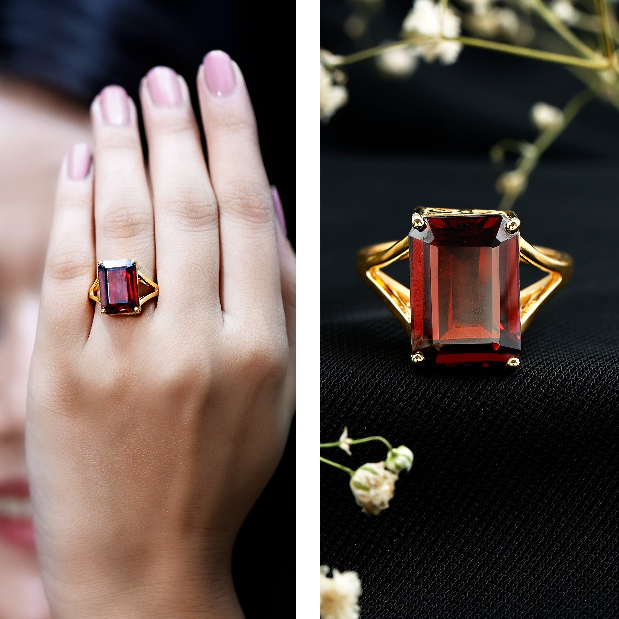 Lab Grown Garnet Ring – 9 Carat Emerald Cut Solitaire Engagement with Split Shank