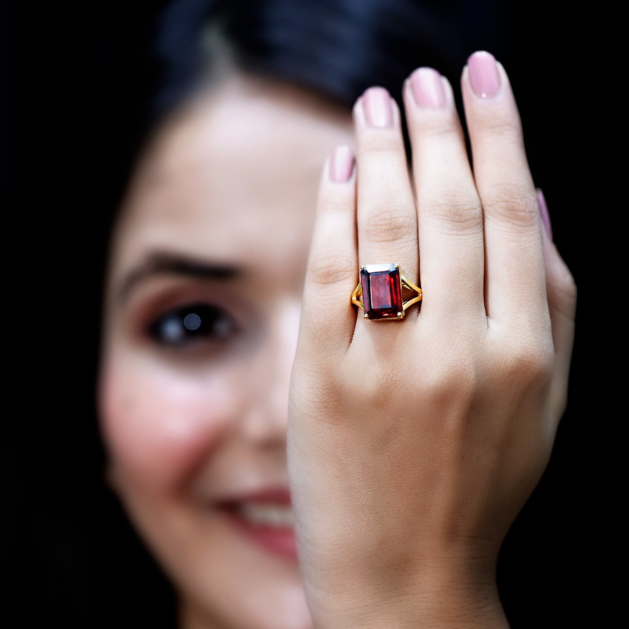 Lab Grown Garnet Ring – 9 Carat Emerald Cut Solitaire Engagement with Split Shank