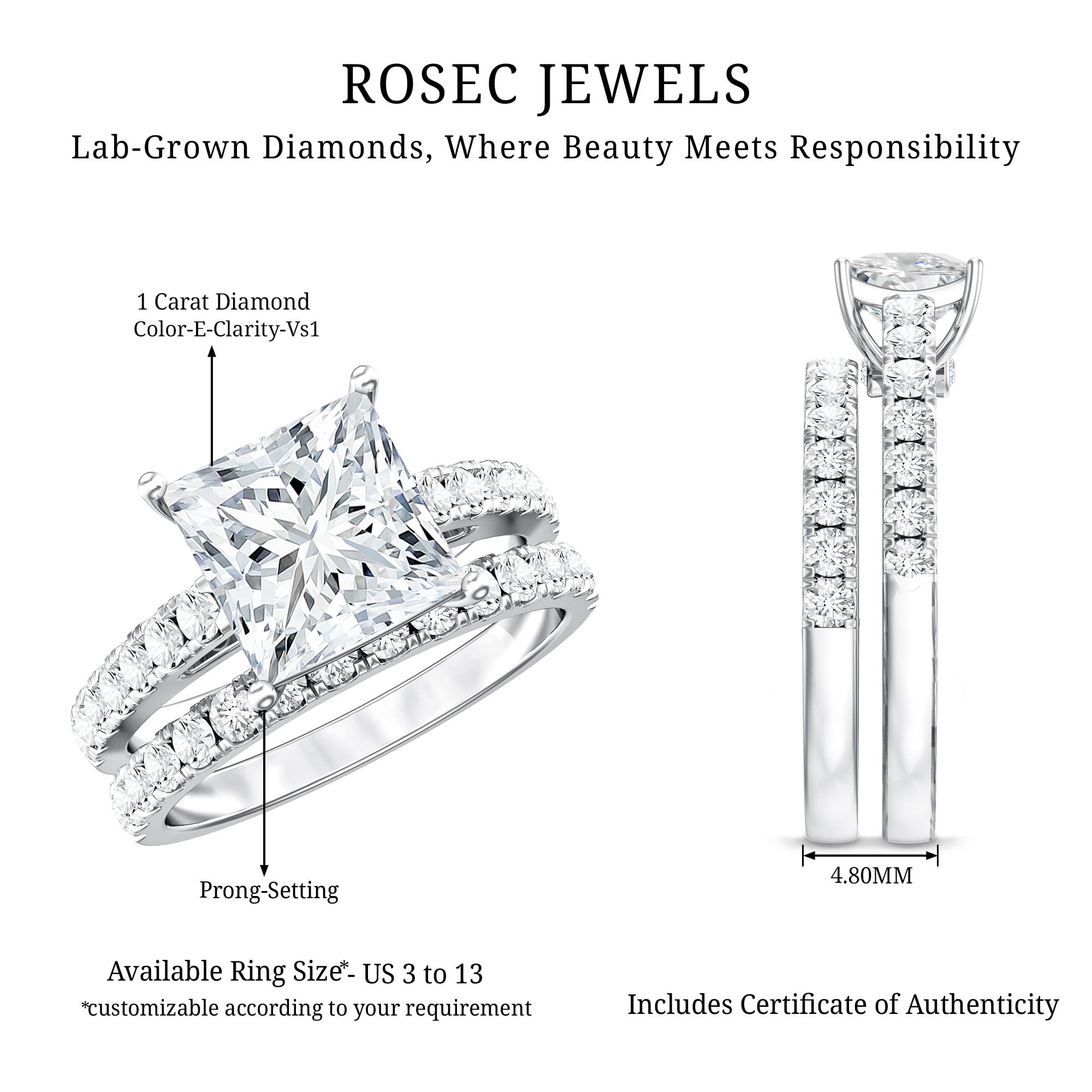 Lab Grown Diamond Ring – 1 Carat Princess Cut Engagement Ring with Half Eternity Band