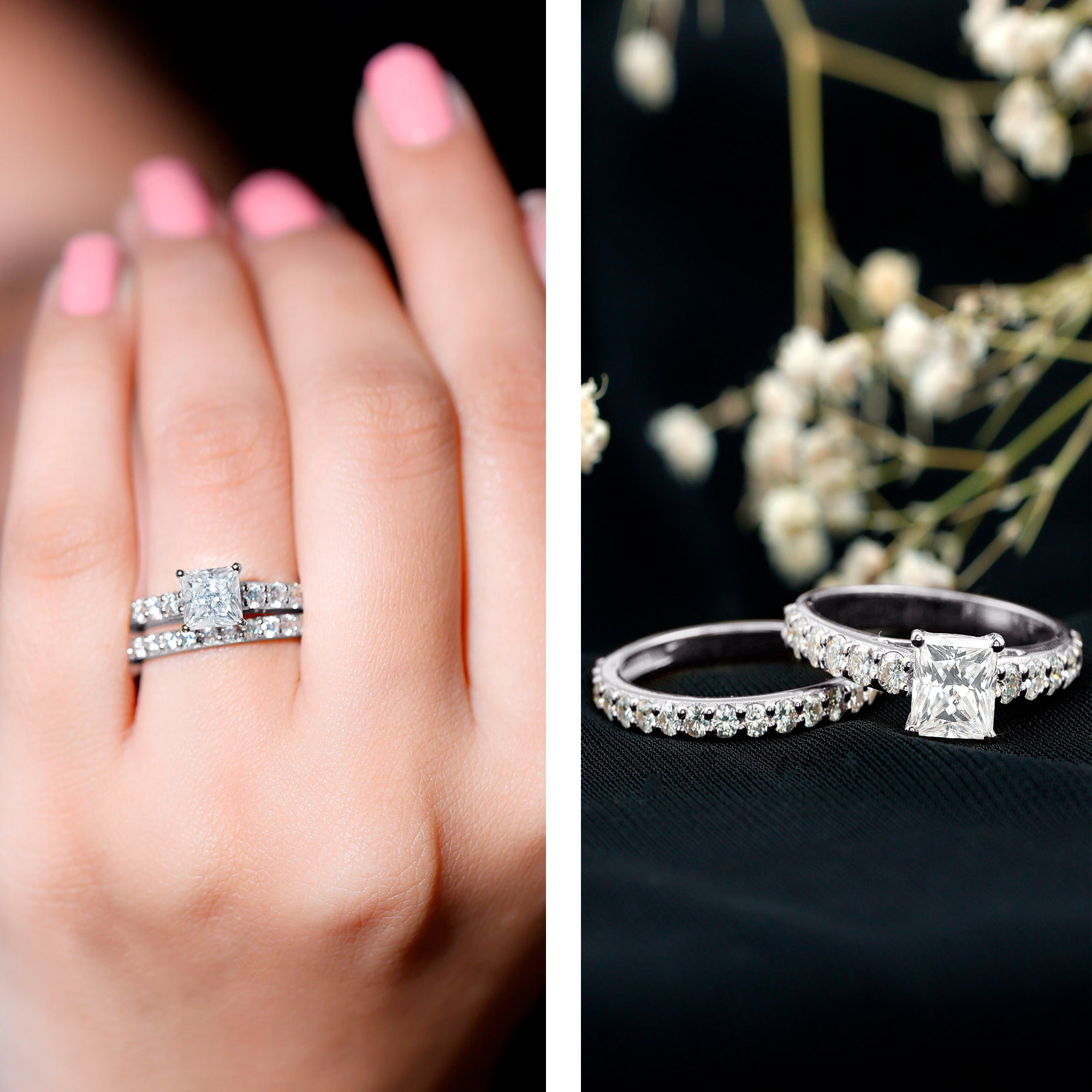 Lab Grown Diamond Ring – 1 Carat Princess Cut Engagement Ring with Half Eternity Band