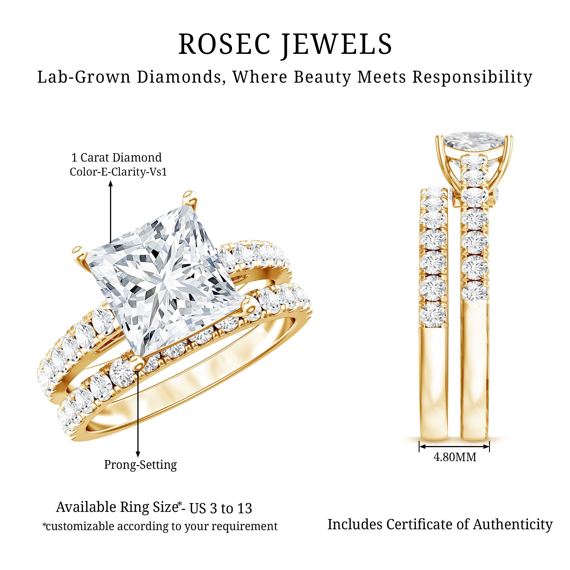 Lab Grown Diamond Ring – 1 Carat Princess Cut Engagement Ring with Half Eternity Band